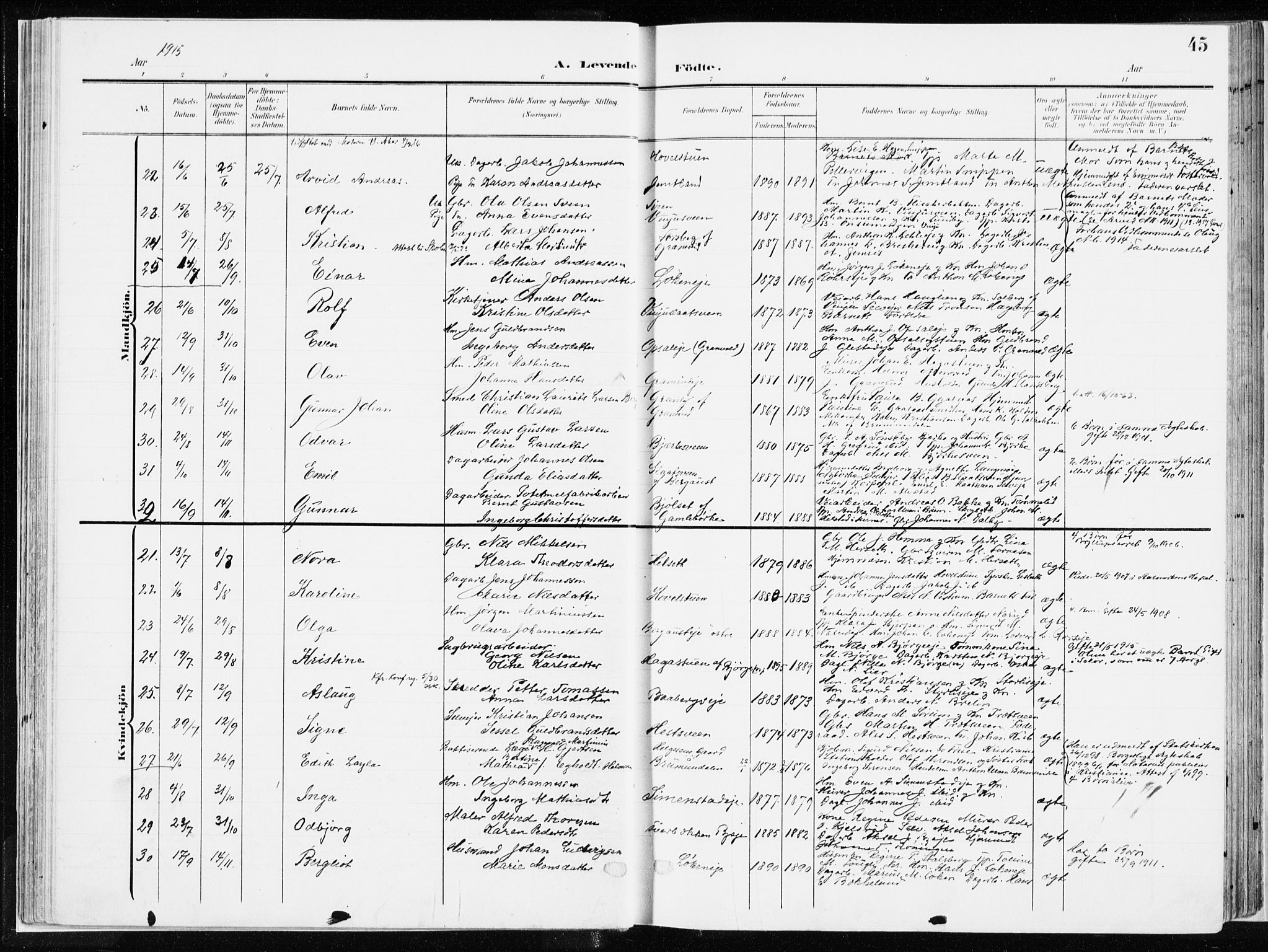 Ringsaker prestekontor, AV/SAH-PREST-014/K/Ka/L0019: Parish register (official) no. 19, 1905-1920, p. 45