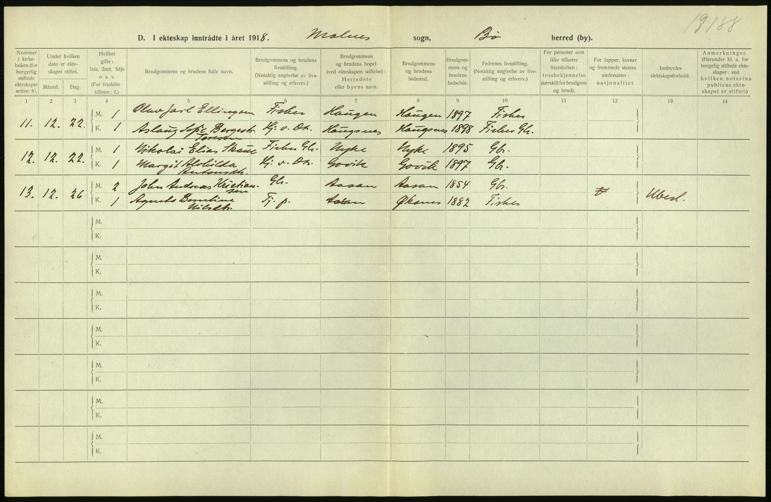 Statistisk sentralbyrå, Sosiodemografiske emner, Befolkning, RA/S-2228/D/Df/Dfb/Dfbh/L0054: Nordland fylke: Gifte, dødfødte. Bygder og byer., 1918, p. 306