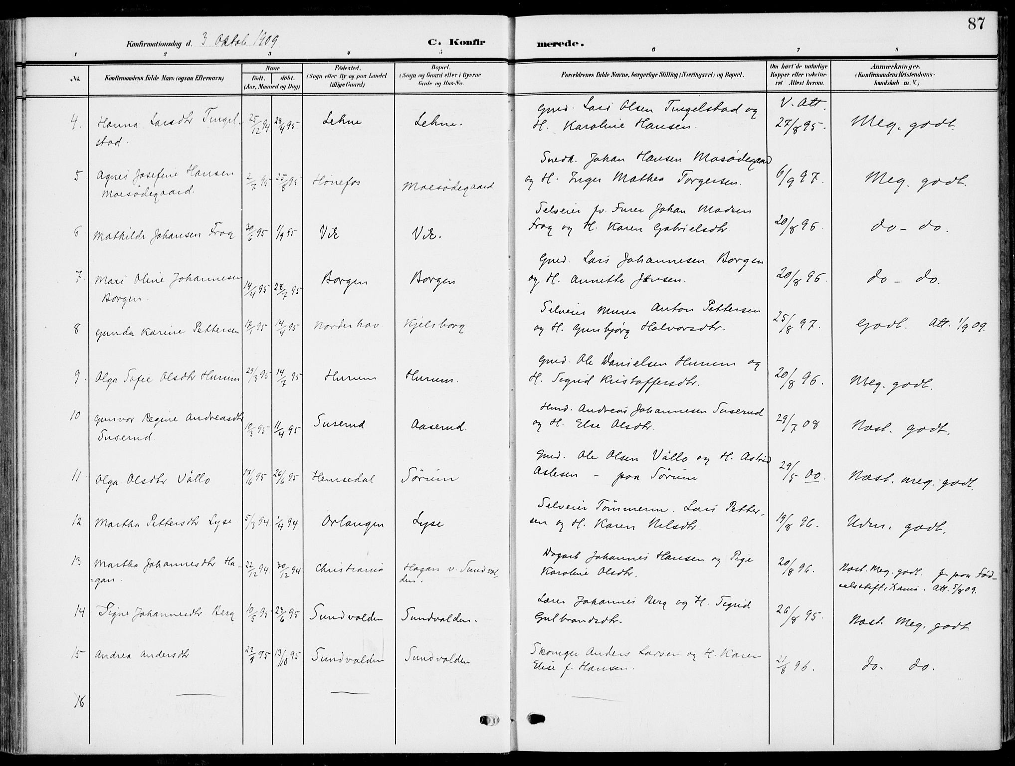Hole kirkebøker, SAKO/A-228/F/Fa/L0010: Parish register (official) no. I 10, 1907-1917, p. 87