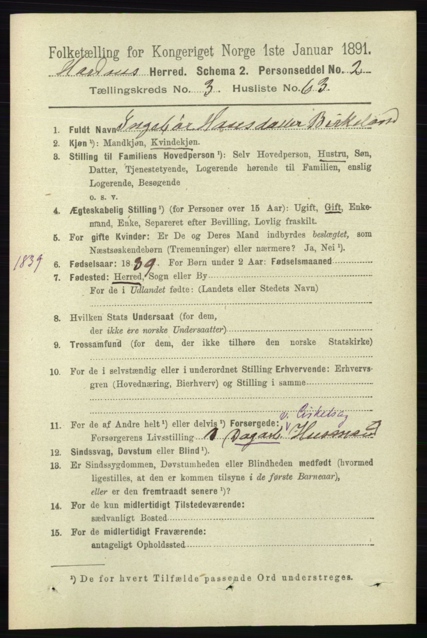 RA, 1891 census for 0936 Hornnes, 1891, p. 1003