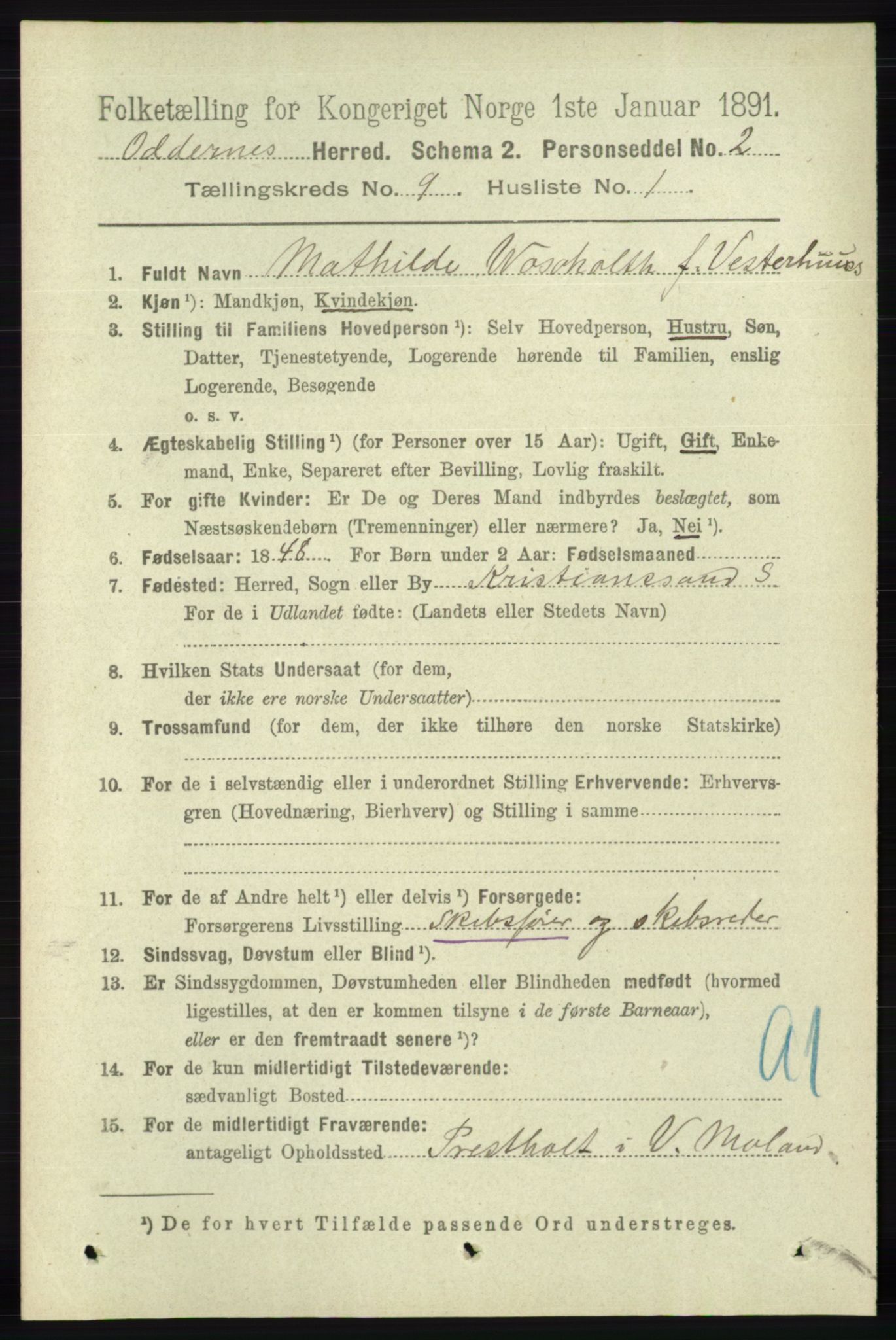 RA, 1891 census for 1012 Oddernes, 1891, p. 3262