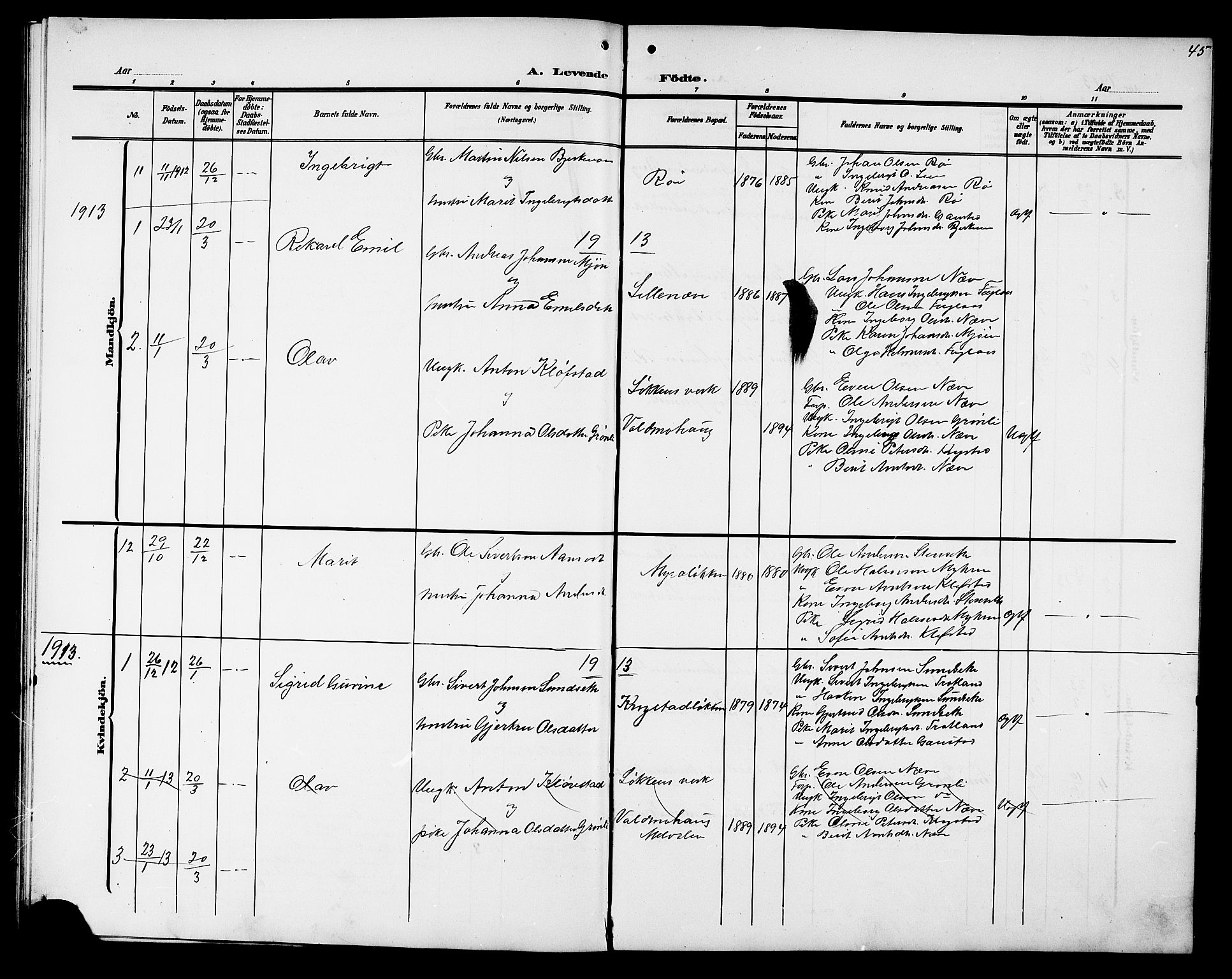 Ministerialprotokoller, klokkerbøker og fødselsregistre - Sør-Trøndelag, SAT/A-1456/694/L1133: Parish register (copy) no. 694C05, 1901-1914, p. 45