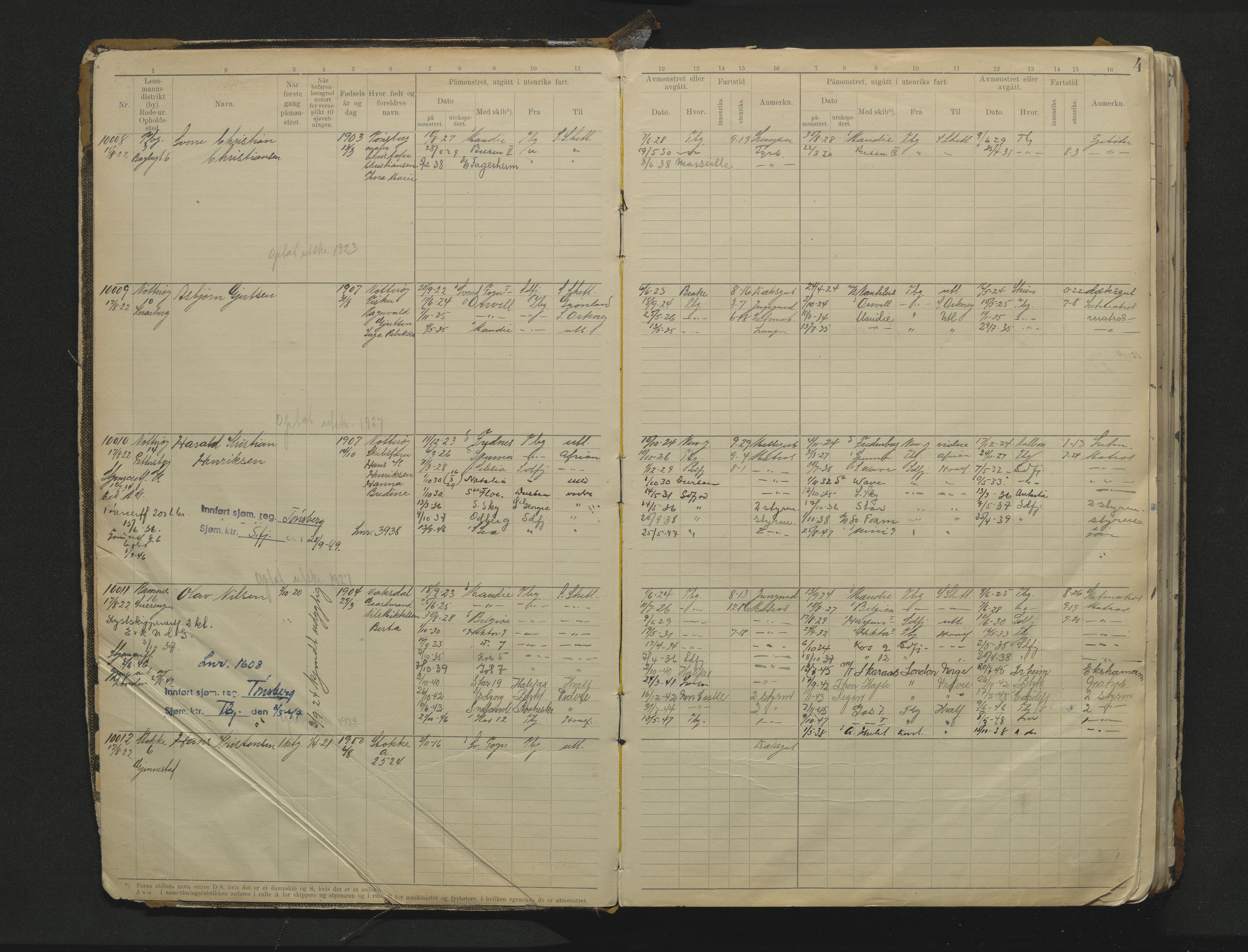 Tønsberg innrulleringskontor, SAKO/A-786/F/Fc/Fca/L0012: Hovedrulle Patent nr. 9993-11479, 1922-1928, p. 4