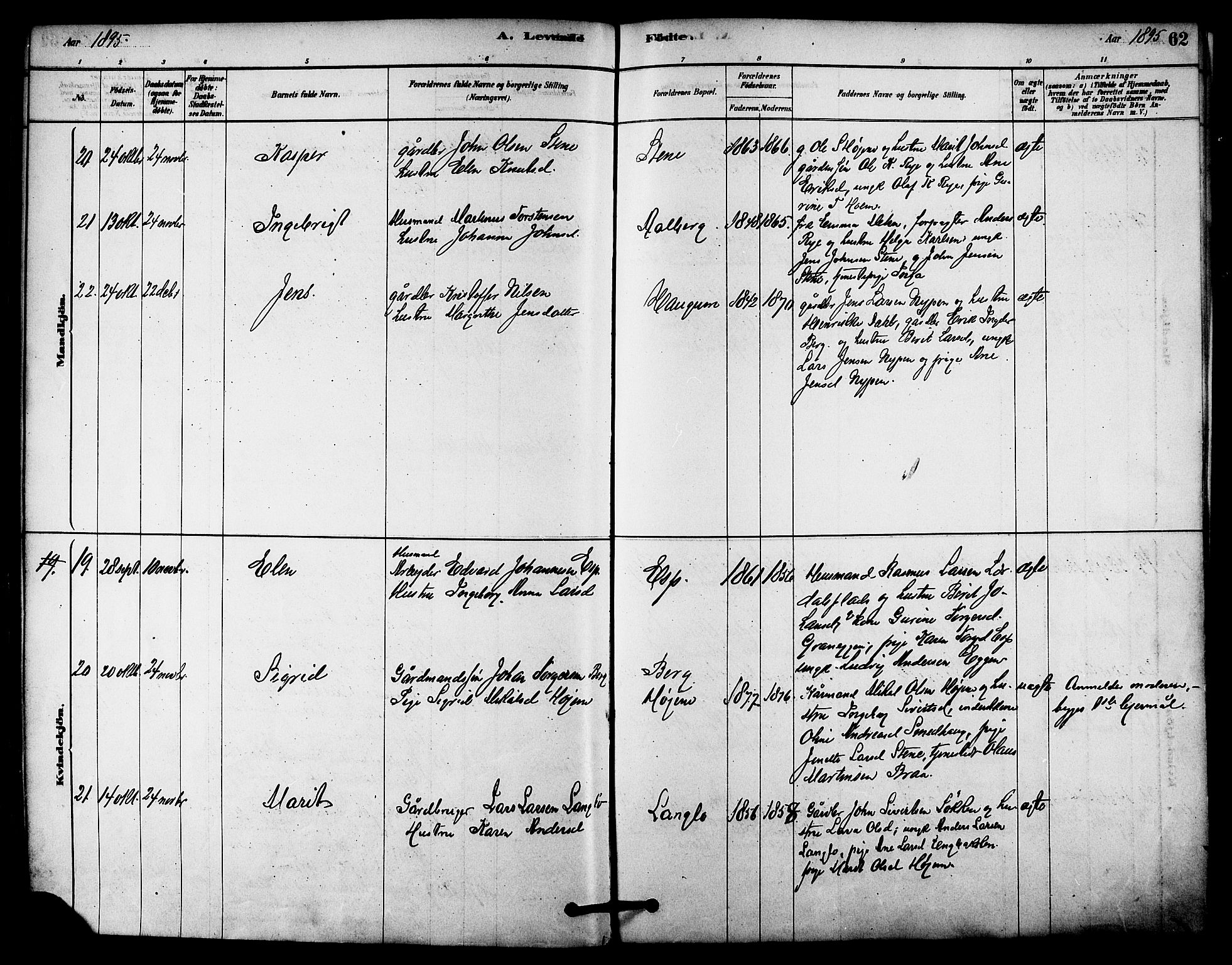 Ministerialprotokoller, klokkerbøker og fødselsregistre - Sør-Trøndelag, AV/SAT-A-1456/612/L0378: Parish register (official) no. 612A10, 1878-1897, p. 62