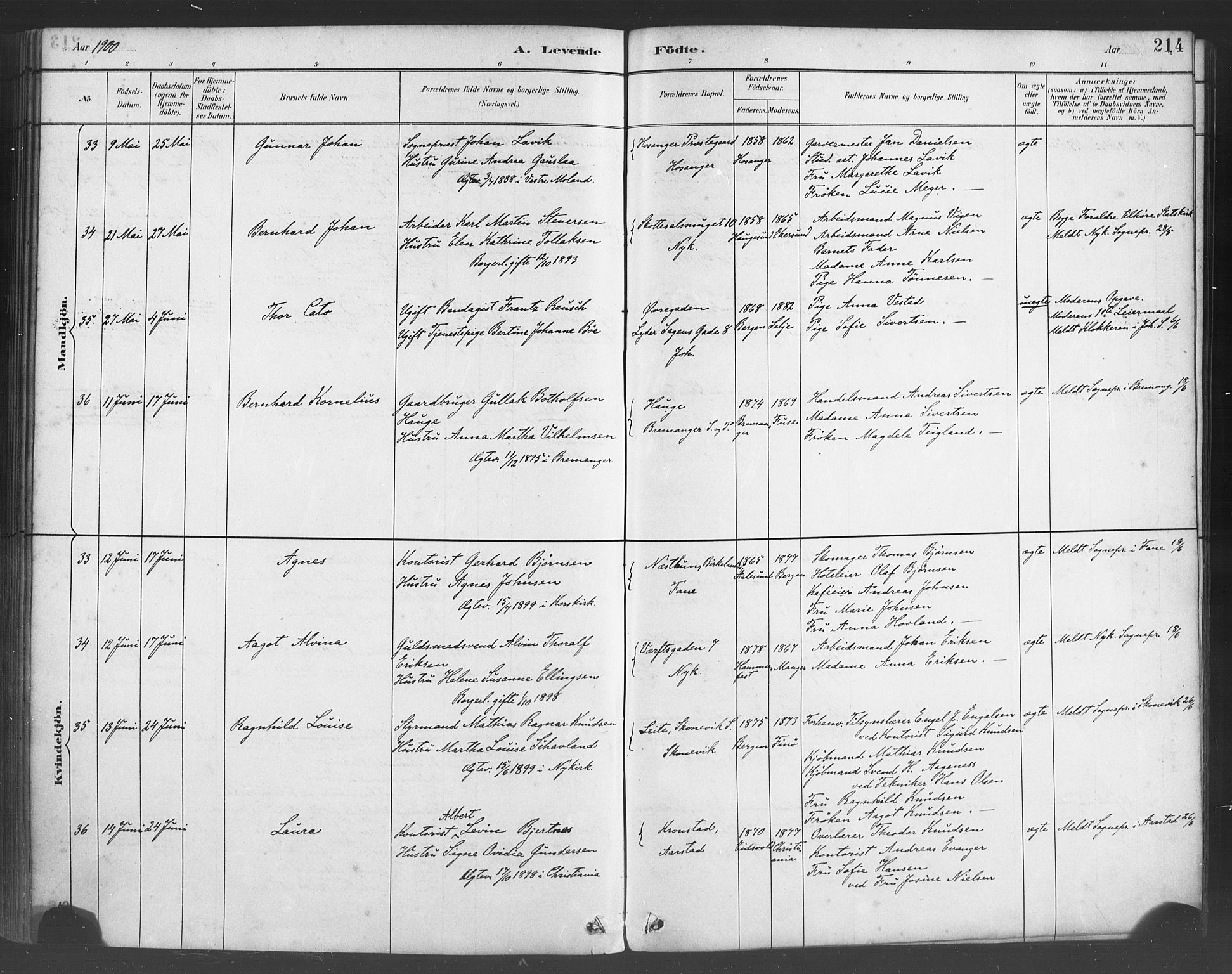 Fødselsstiftelsens sokneprestembete*, SAB/-: Parish register (official) no. A 2, 1884-1900, p. 214