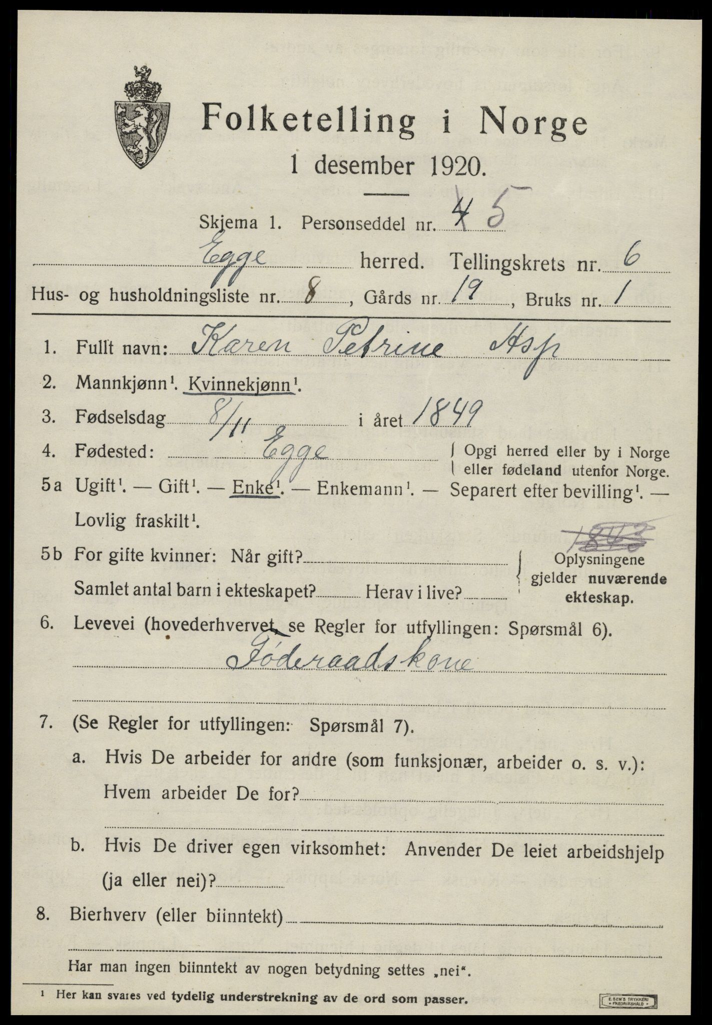 SAT, 1920 census for Egge, 1920, p. 3888