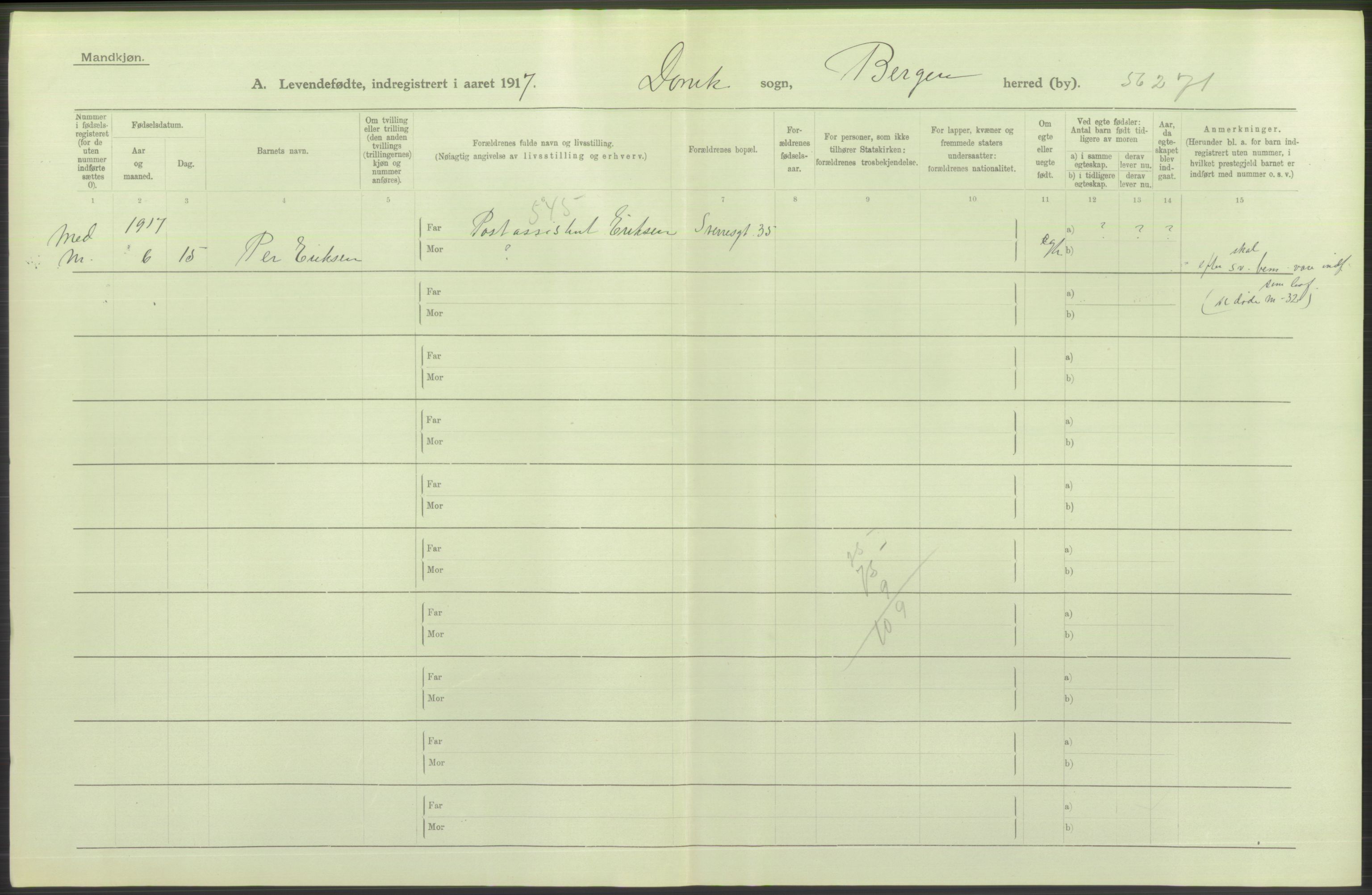 Statistisk sentralbyrå, Sosiodemografiske emner, Befolkning, RA/S-2228/D/Df/Dfb/Dfbg/L0037: Bergen: Levendefødte menn og kvinner., 1917, p. 64