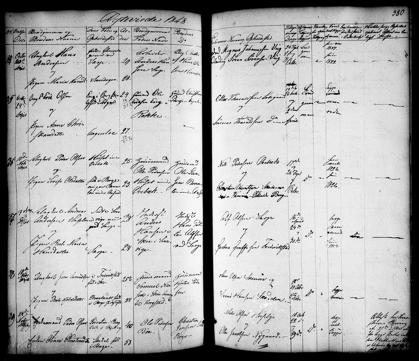 Skjeberg prestekontor Kirkebøker, AV/SAO-A-10923/F/Fa/L0006: Parish register (official) no. I 6, 1846-1858, p. 380