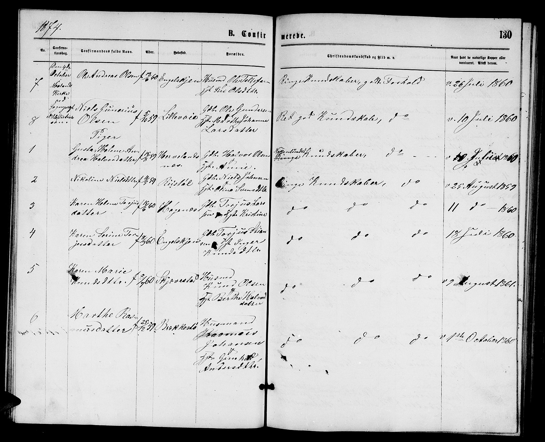 Austre Moland sokneprestkontor, AV/SAK-1111-0001/F/Fb/Fba/L0002: Parish register (copy) no. B 2, 1869-1879, p. 130