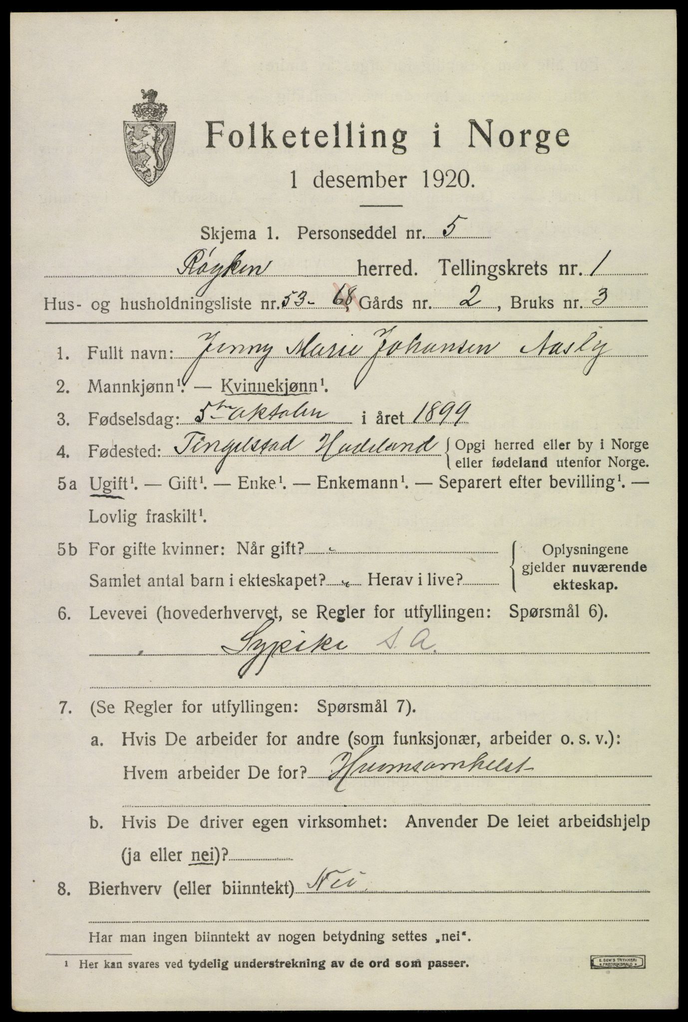 SAKO, 1920 census for Røyken, 1920, p. 2456