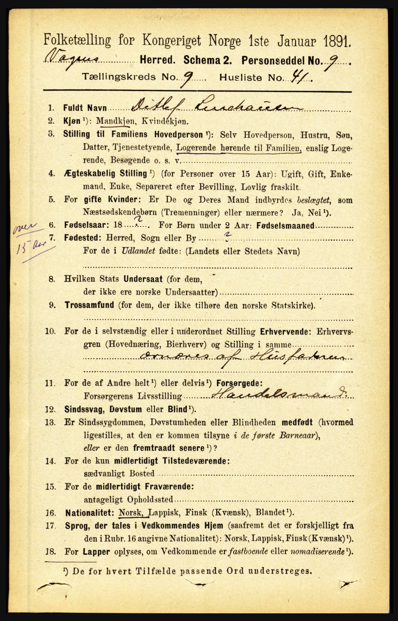 RA, 1891 census for 1865 Vågan, 1891, p. 2515