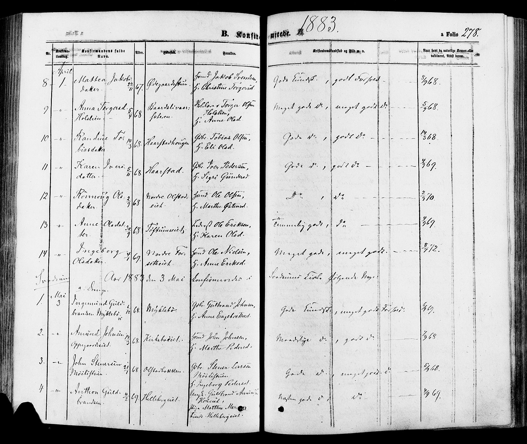 Gausdal prestekontor, AV/SAH-PREST-090/H/Ha/Haa/L0010: Parish register (official) no. 10, 1867-1886, p. 278