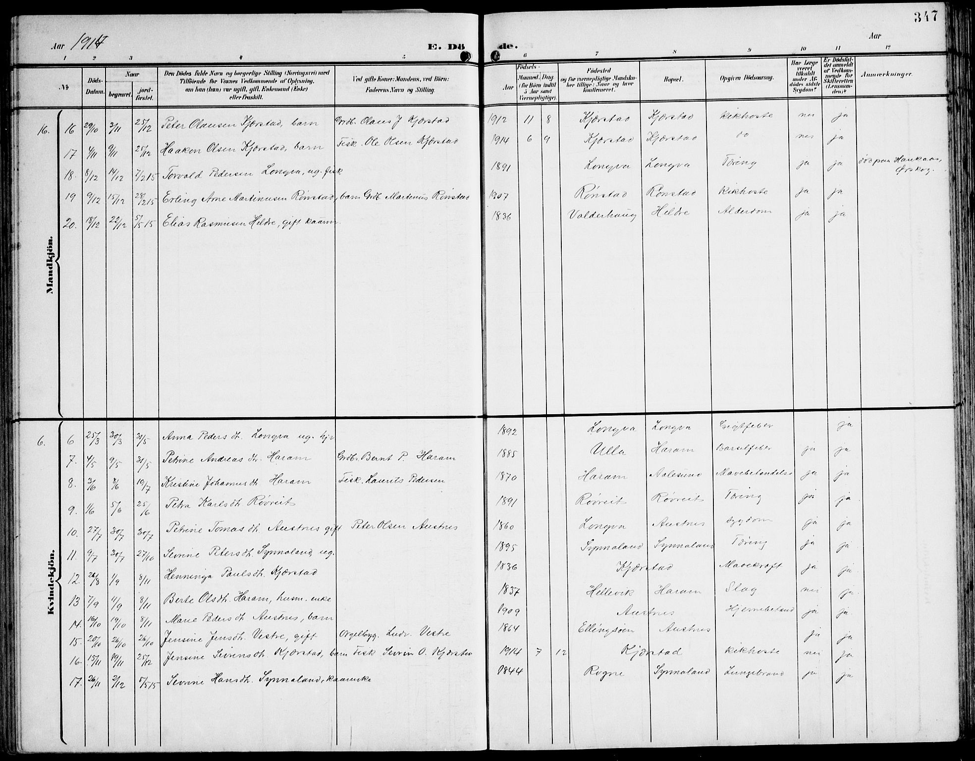 Ministerialprotokoller, klokkerbøker og fødselsregistre - Møre og Romsdal, AV/SAT-A-1454/536/L0511: Parish register (copy) no. 536C06, 1899-1944, p. 347