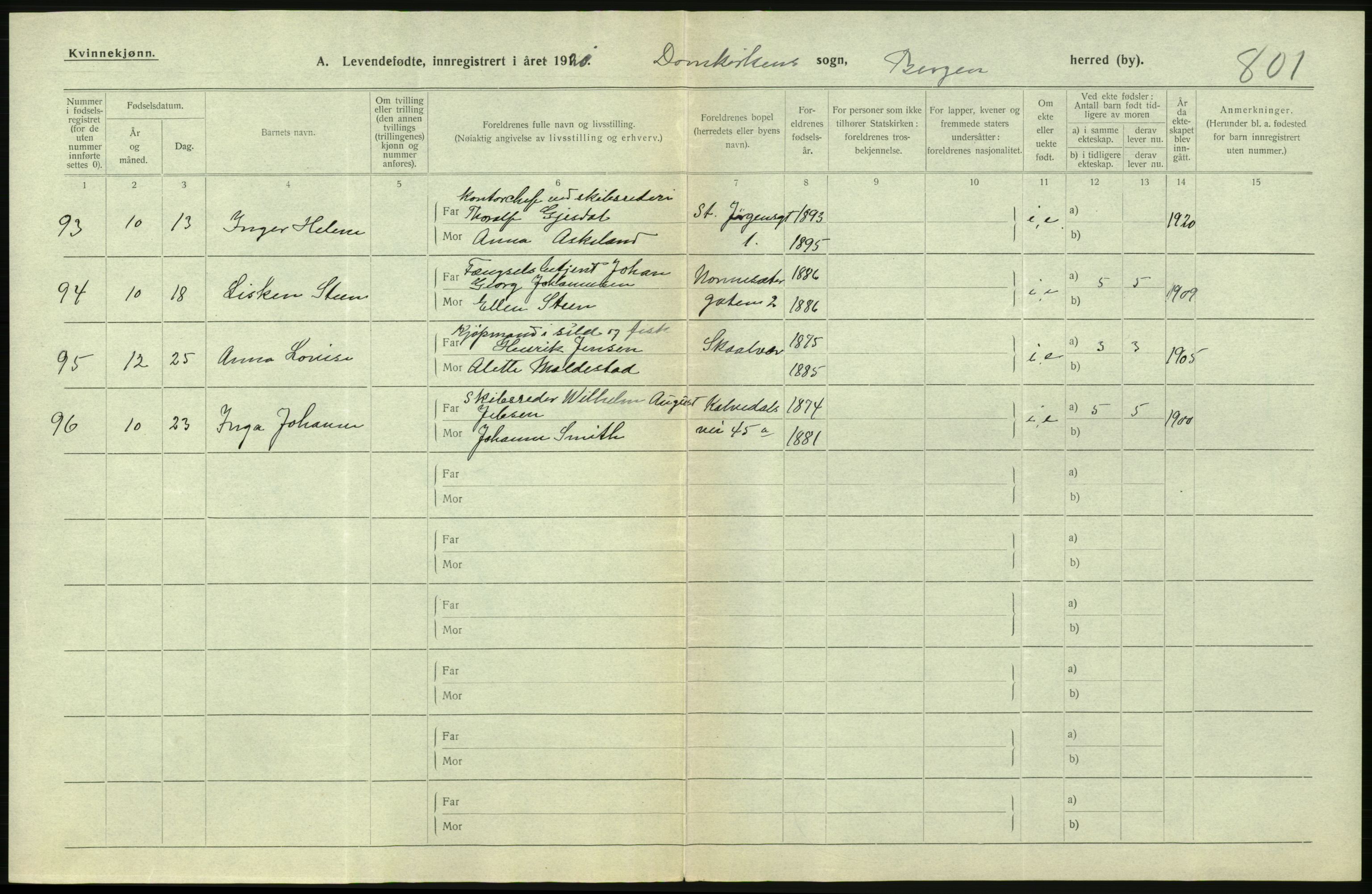 Statistisk sentralbyrå, Sosiodemografiske emner, Befolkning, AV/RA-S-2228/D/Df/Dfb/Dfbj/L0041: Bergen: Levendefødte menn og kvinner., 1920, p. 4