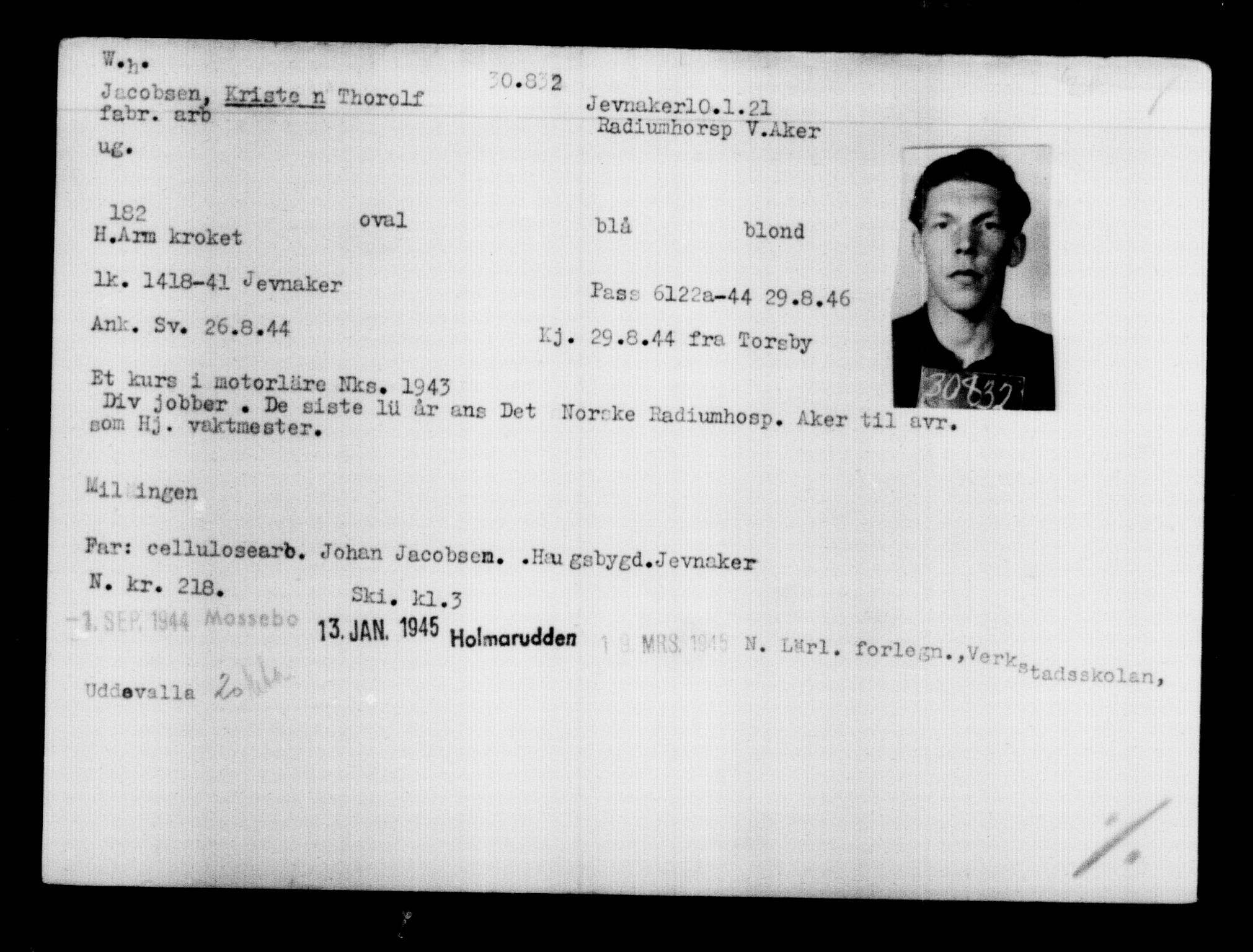 Utenriksstasjonene, Legasjonen i Stockholm, Flyktningkontoret, AV/RA-S-6753/V/Va/L0012: Kjesäterkartoteket, flyktninger med registreringsnr. 28300-31566, 1940-1945, p. 2754