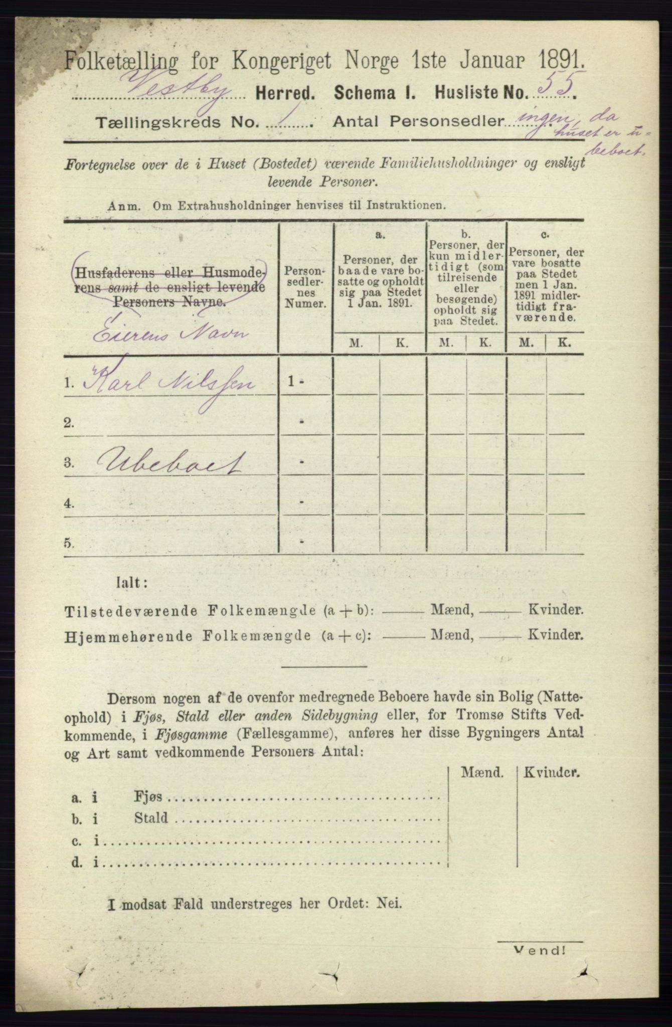 RA, 1891 census for 0211 Vestby, 1891, p. 76