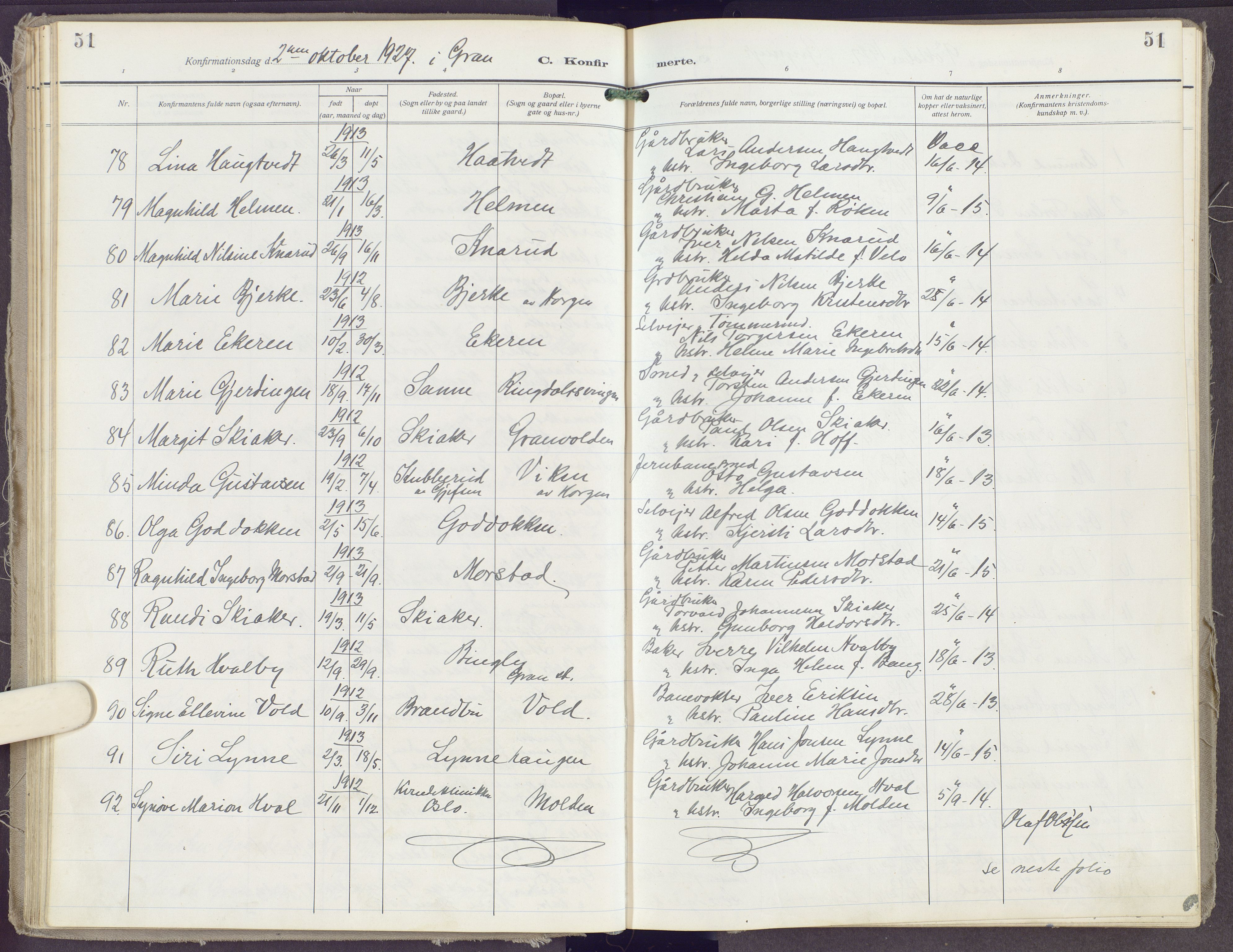 Gran prestekontor, SAH/PREST-112/H/Ha/Haa/L0023: Parish register (official) no. 23, 1919-1938, p. 51