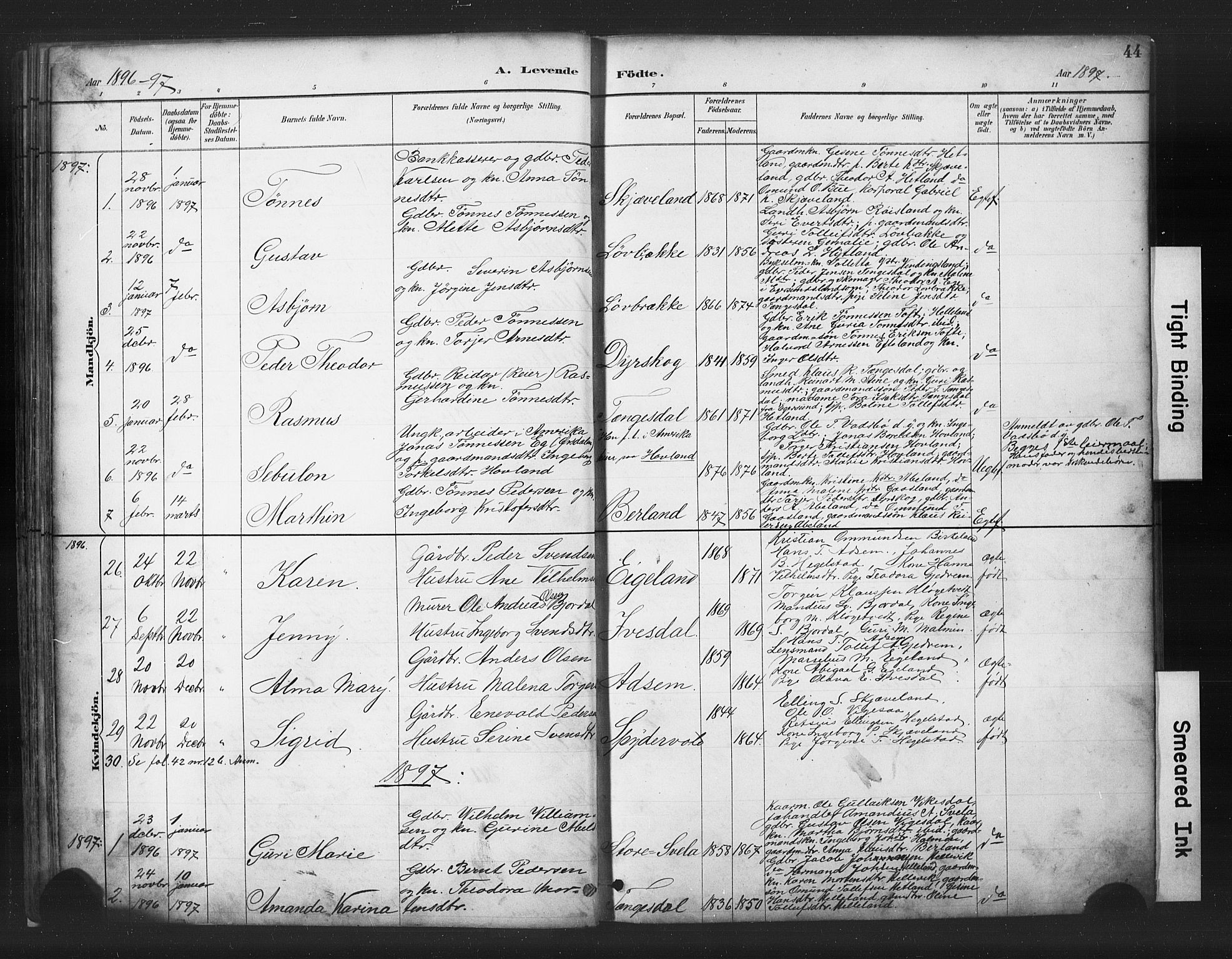 Helleland sokneprestkontor, SAST/A-101810: Parish register (copy) no. B 5, 1887-1908, p. 44