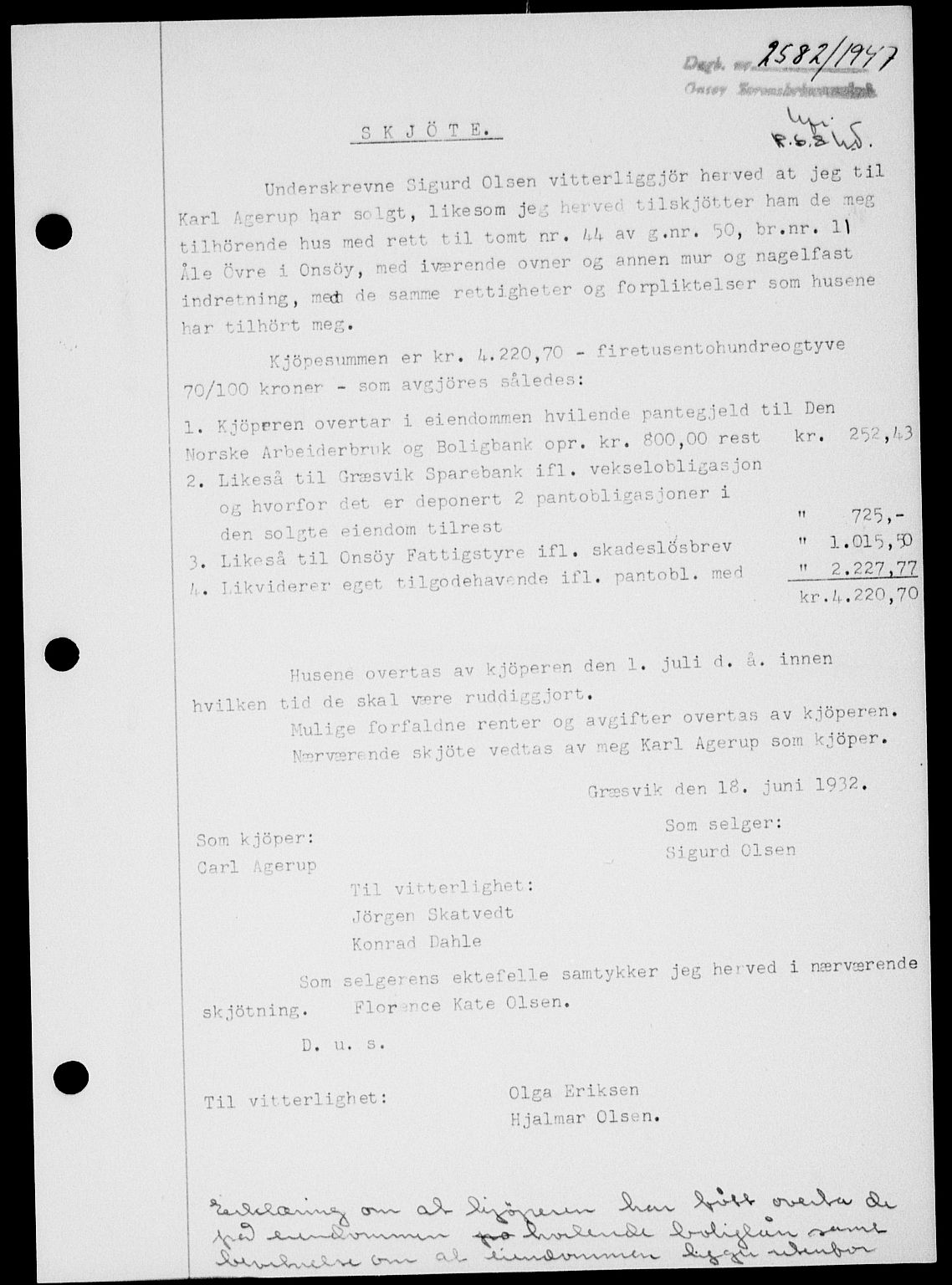 Onsøy sorenskriveri, AV/SAO-A-10474/G/Ga/Gab/L0021: Mortgage book no. II A-21, 1947-1947, Diary no: : 2582/1947