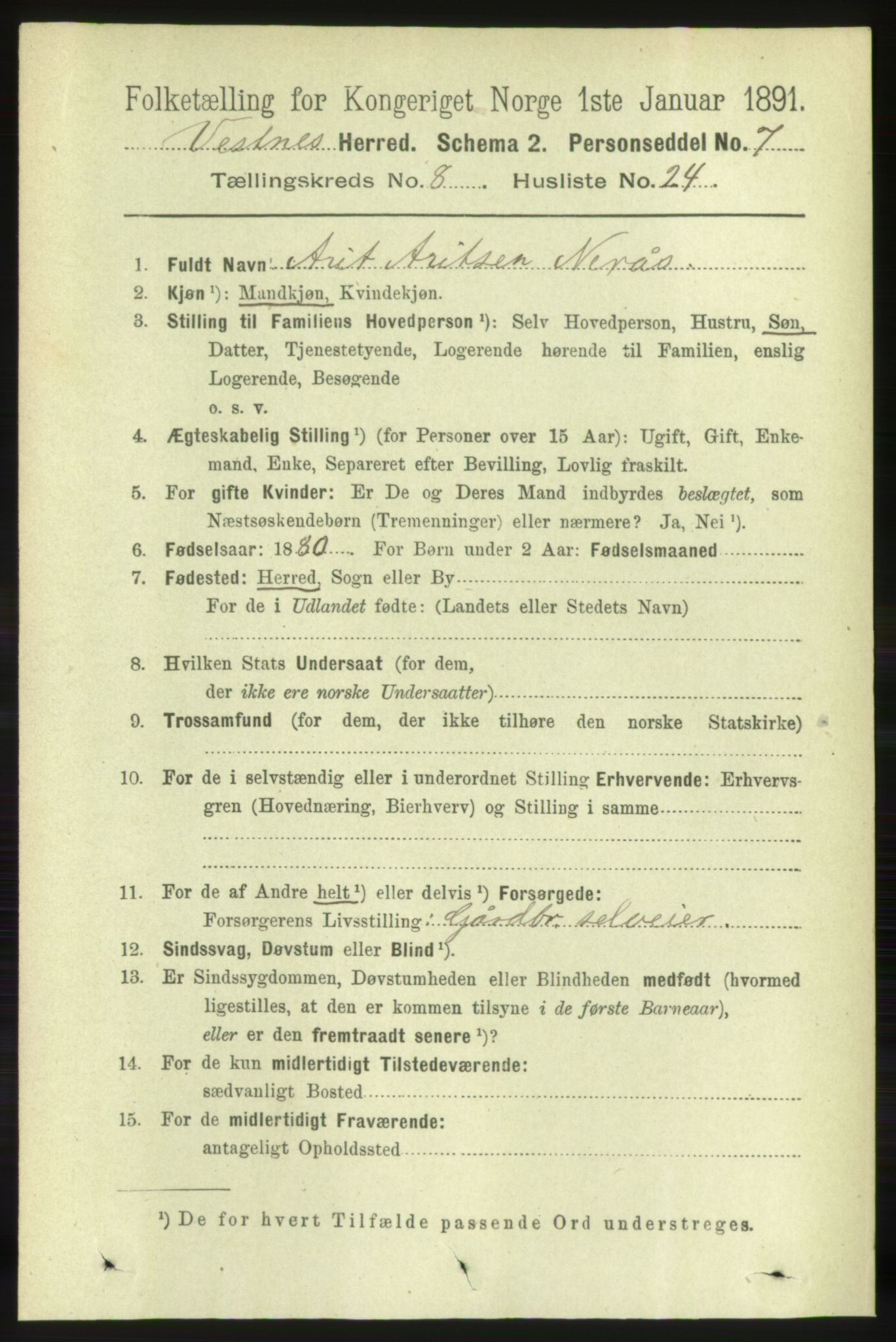 RA, 1891 census for 1535 Vestnes, 1891, p. 3289