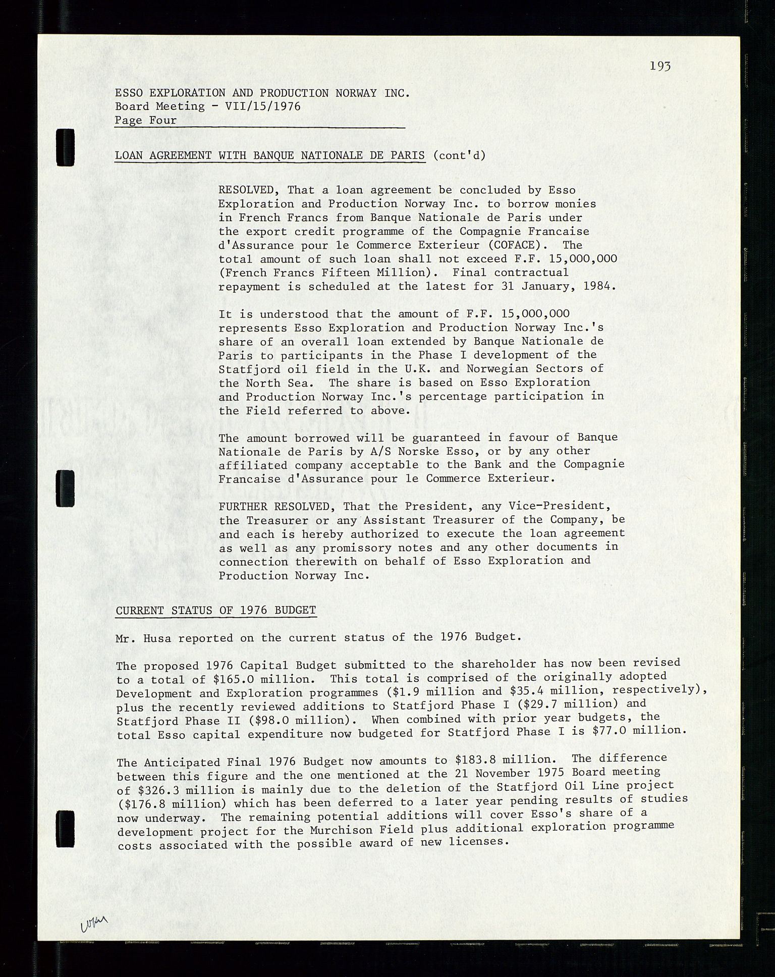 Pa 1512 - Esso Exploration and Production Norway Inc., AV/SAST-A-101917/A/Aa/L0001/0002: Styredokumenter / Corporate records, Board meeting minutes, Agreements, Stocholder meetings, 1975-1979, p. 43