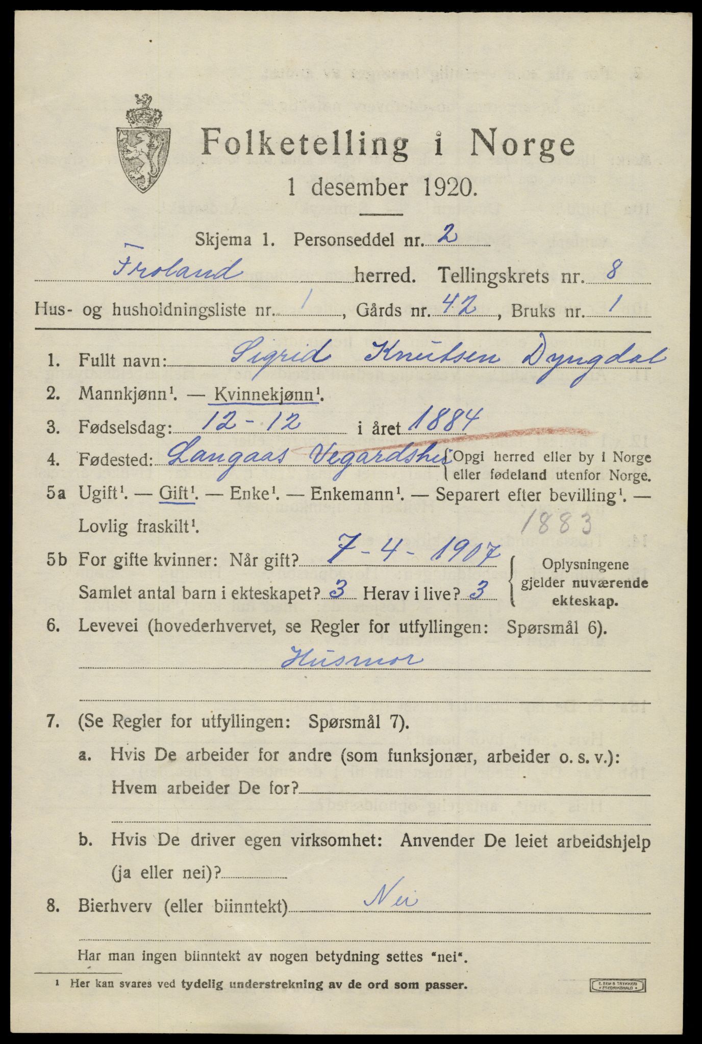 SAK, 1920 census for Froland, 1920, p. 4577