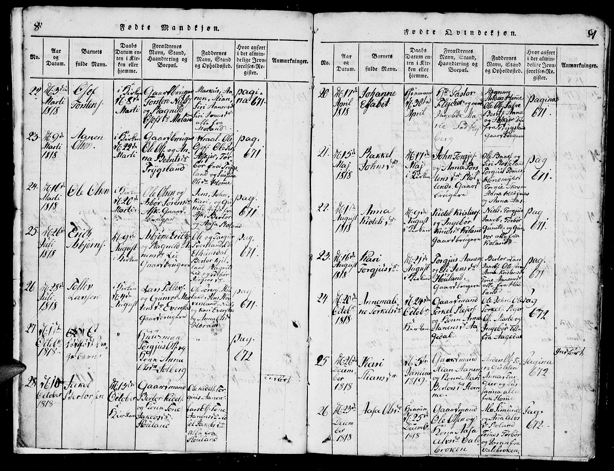 Bjelland sokneprestkontor, AV/SAK-1111-0005/F/Fb/Fba/L0003: Parish register (copy) no. B 3, 1816-1870, p. 8-9