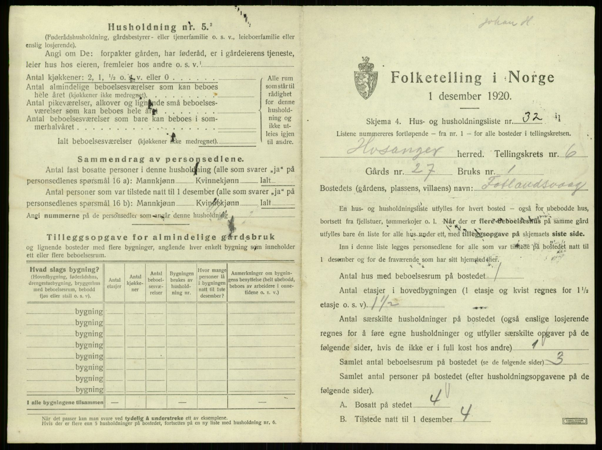 SAB, 1920 census for Hosanger, 1920, p. 378