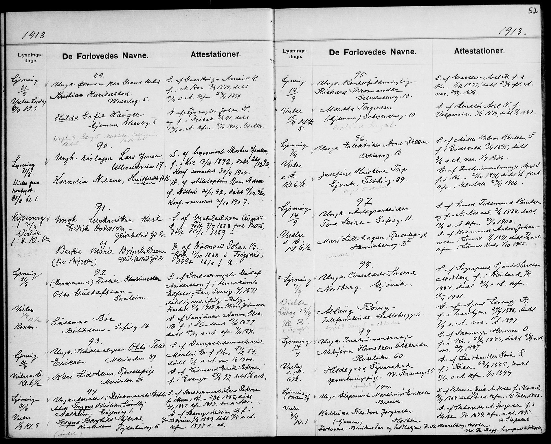 Gamle Aker prestekontor Kirkebøker, AV/SAO-A-10617a/H/L0004: Banns register no. 4, 1909-1918, p. 52