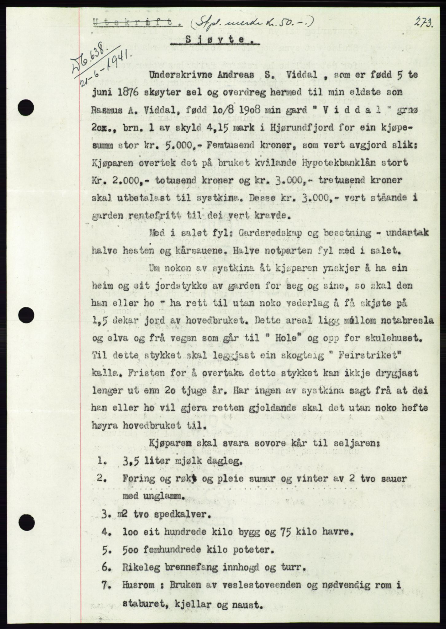 Søre Sunnmøre sorenskriveri, AV/SAT-A-4122/1/2/2C/L0071: Mortgage book no. 65, 1941-1941, Diary no: : 638/1941