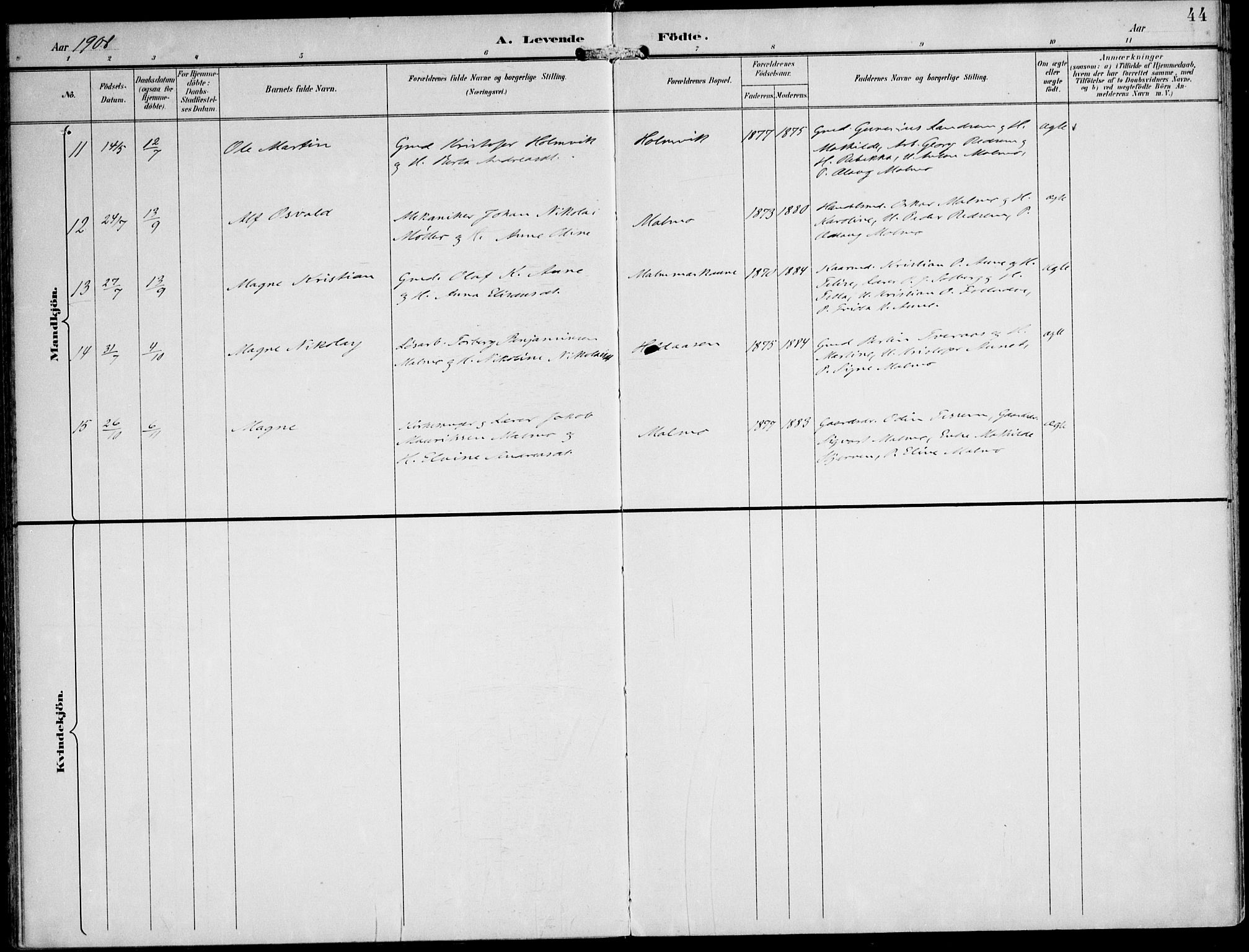 Ministerialprotokoller, klokkerbøker og fødselsregistre - Nord-Trøndelag, SAT/A-1458/745/L0430: Parish register (official) no. 745A02, 1895-1913, p. 44