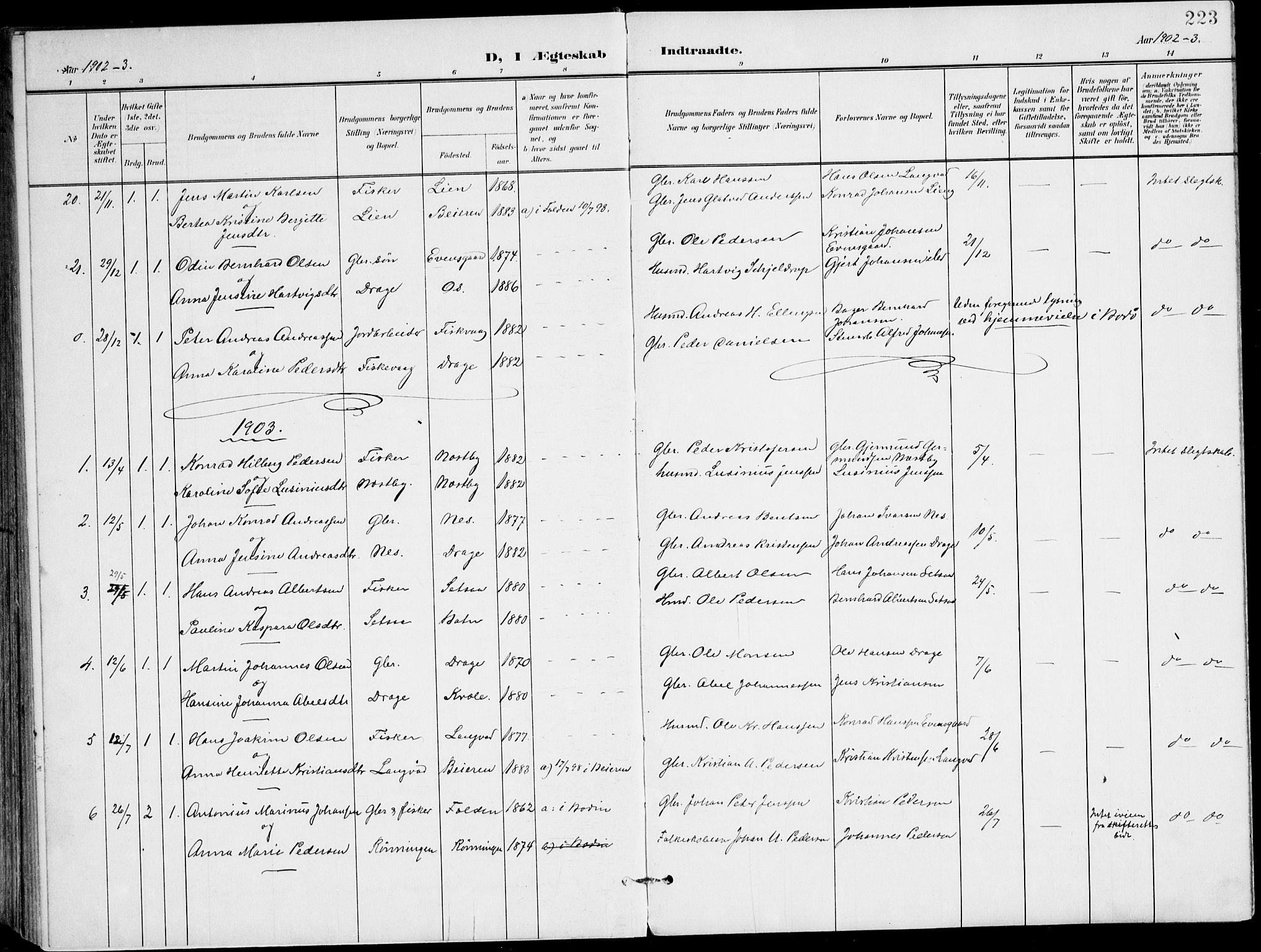 Ministerialprotokoller, klokkerbøker og fødselsregistre - Nordland, SAT/A-1459/847/L0672: Parish register (official) no. 847A12, 1902-1919, p. 223