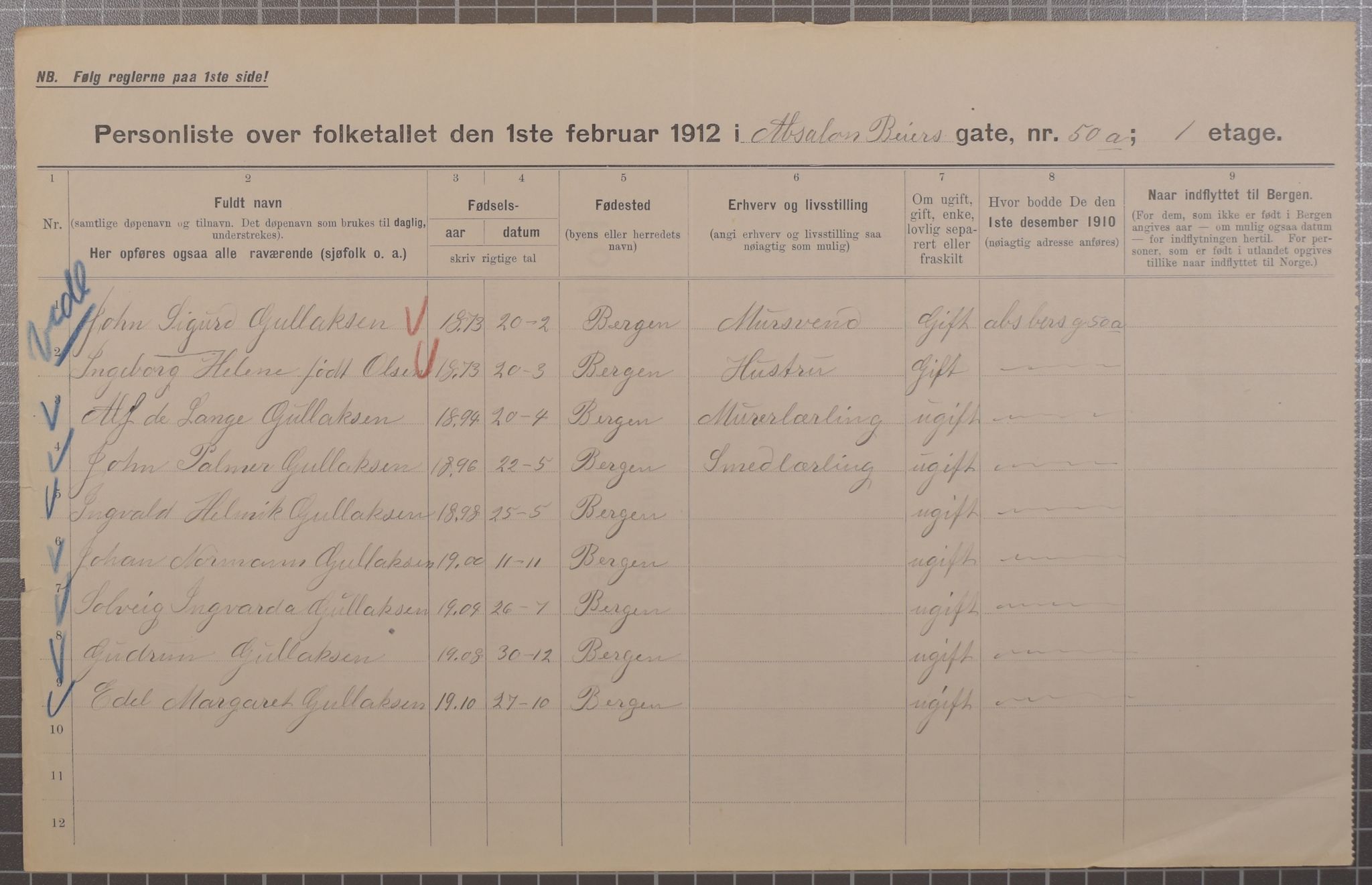 SAB, Municipal Census 1912 for Bergen, 1912, p. 924