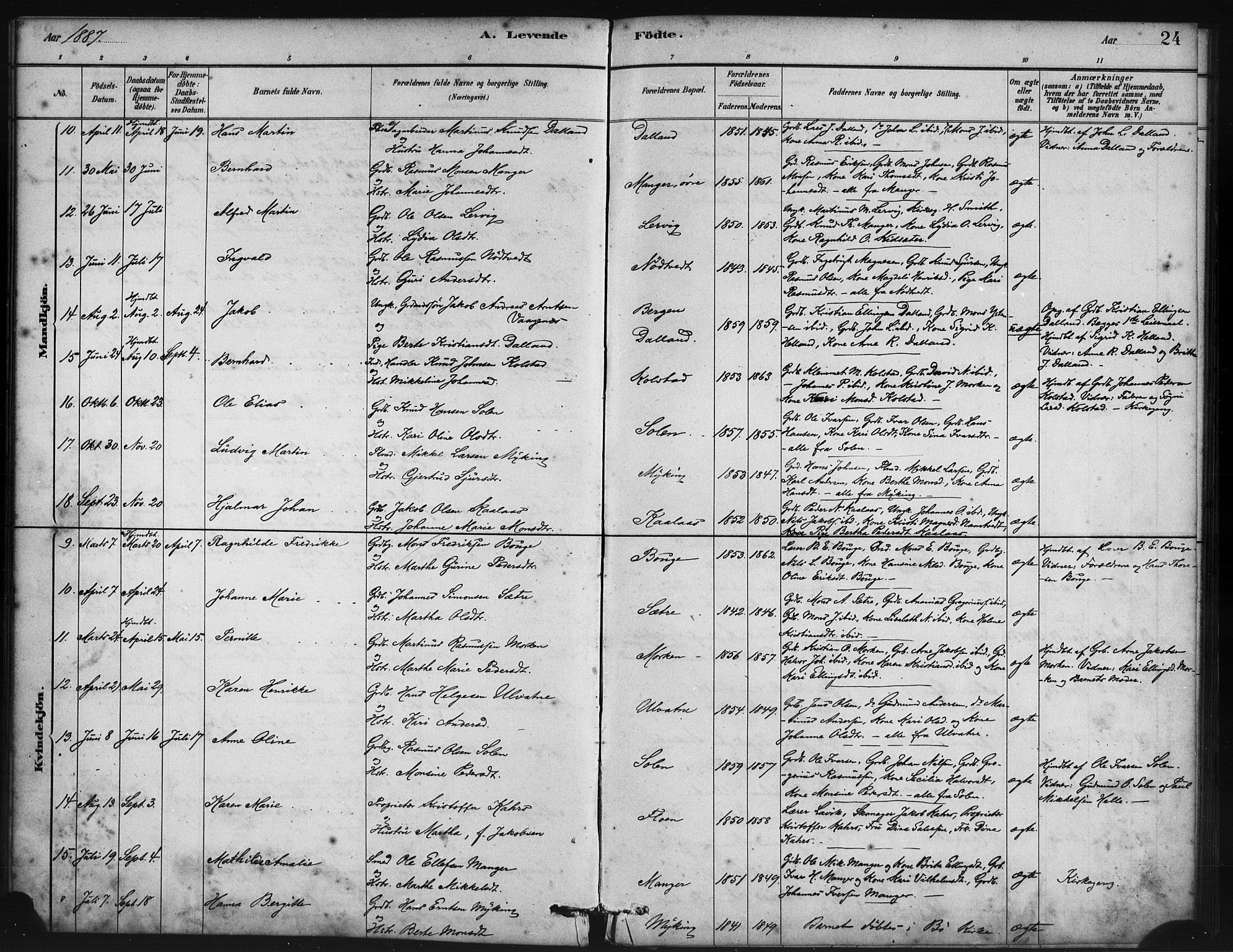 Manger sokneprestembete, SAB/A-76801/H/Haa: Parish register (official) no. B 1, 1881-1892, p. 24