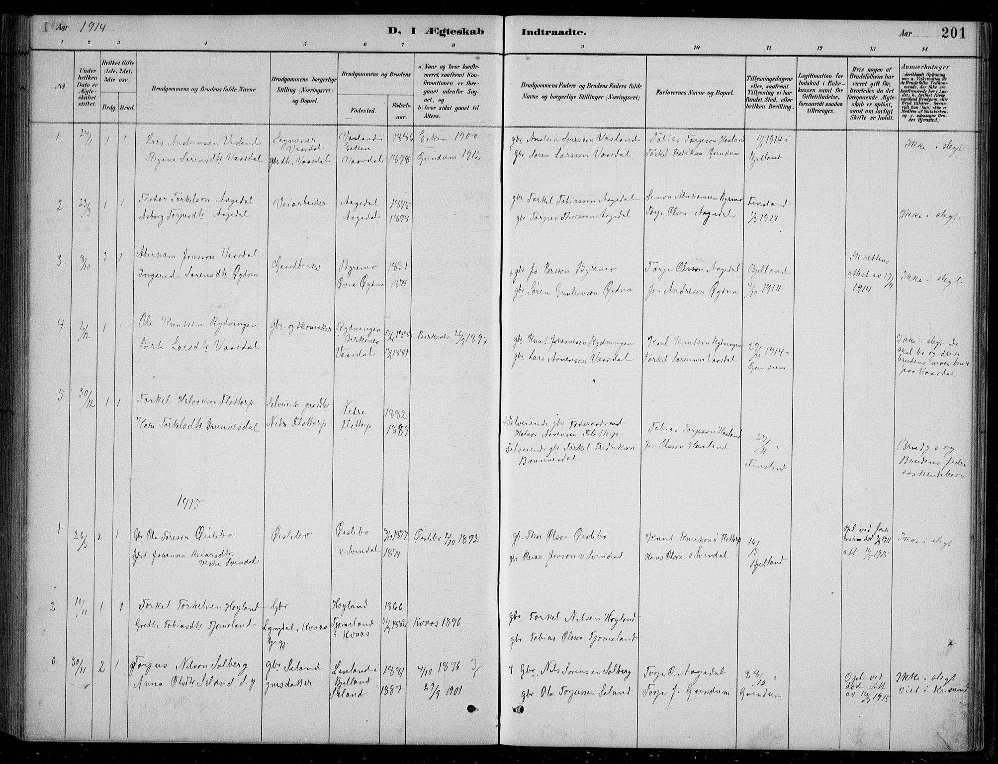Bjelland sokneprestkontor, SAK/1111-0005/F/Fb/Fbc/L0003: Parish register (copy) no. B 3, 1887-1924, p. 201