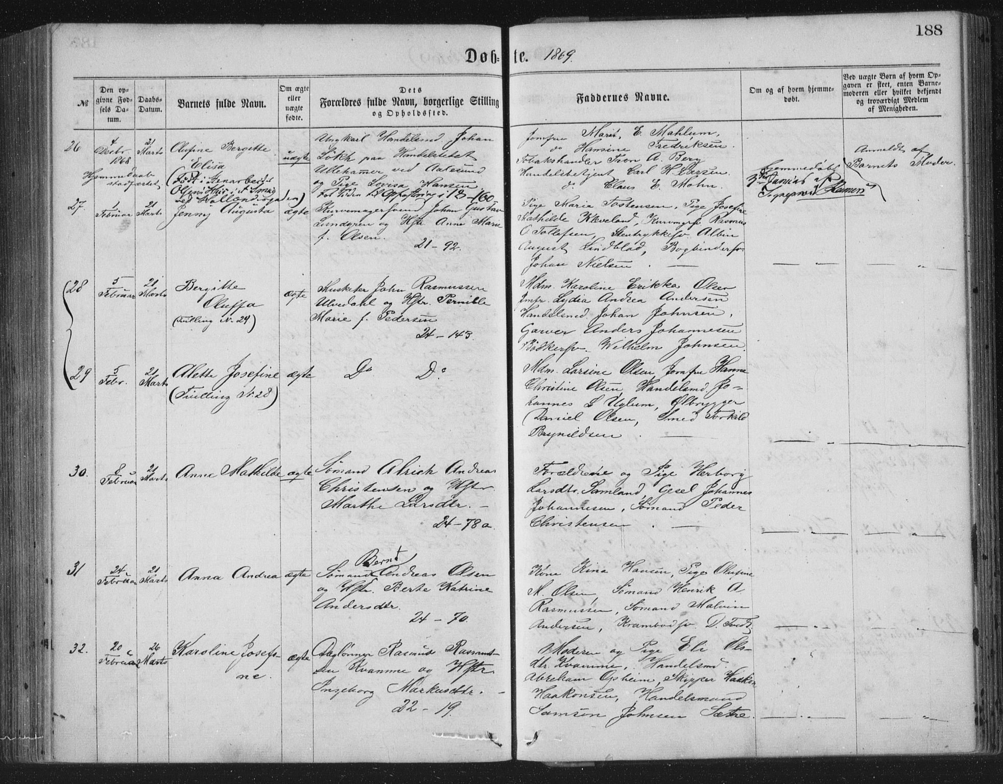 Korskirken sokneprestembete, SAB/A-76101/H/Haa/L0019: Parish register (official) no. B 5, 1866-1871, p. 188