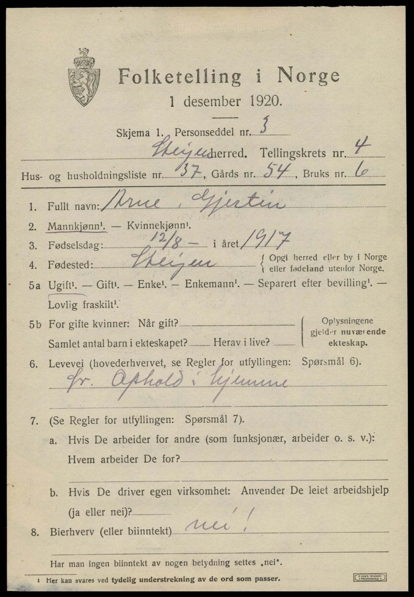 SAT, 1920 census for Steigen, 1920, p. 1950