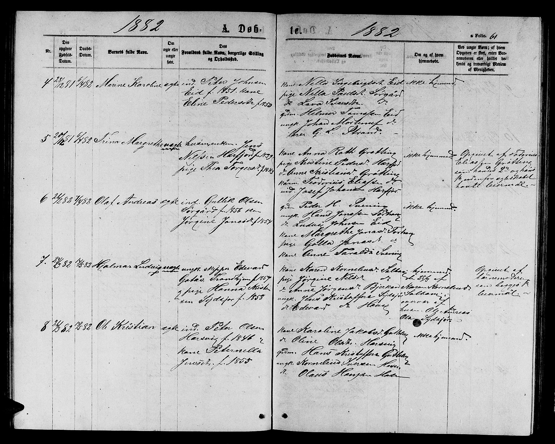 Ministerialprotokoller, klokkerbøker og fødselsregistre - Sør-Trøndelag, SAT/A-1456/656/L0695: Parish register (copy) no. 656C01, 1867-1889, p. 61