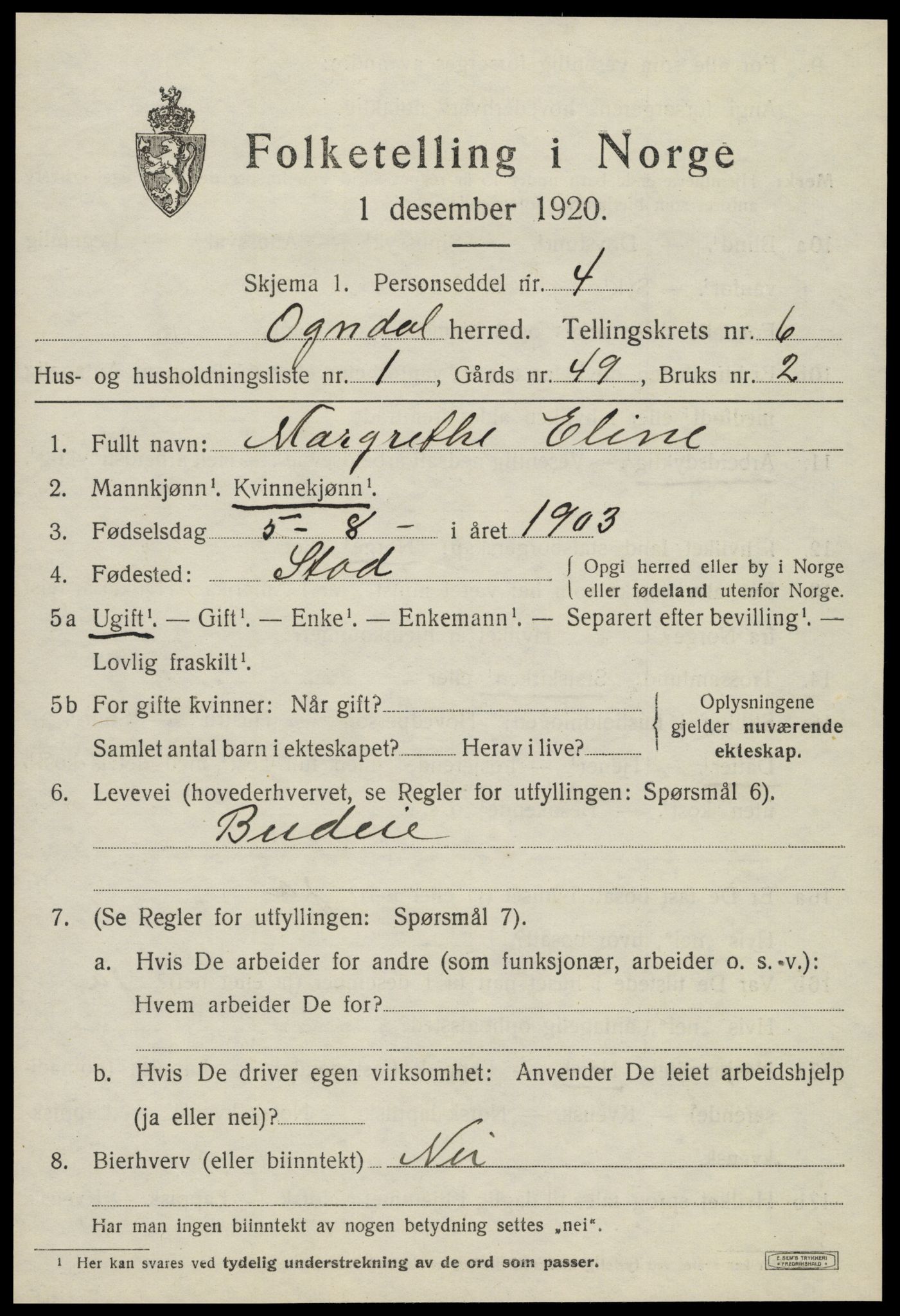 SAT, 1920 census for Ogndal, 1920, p. 2289