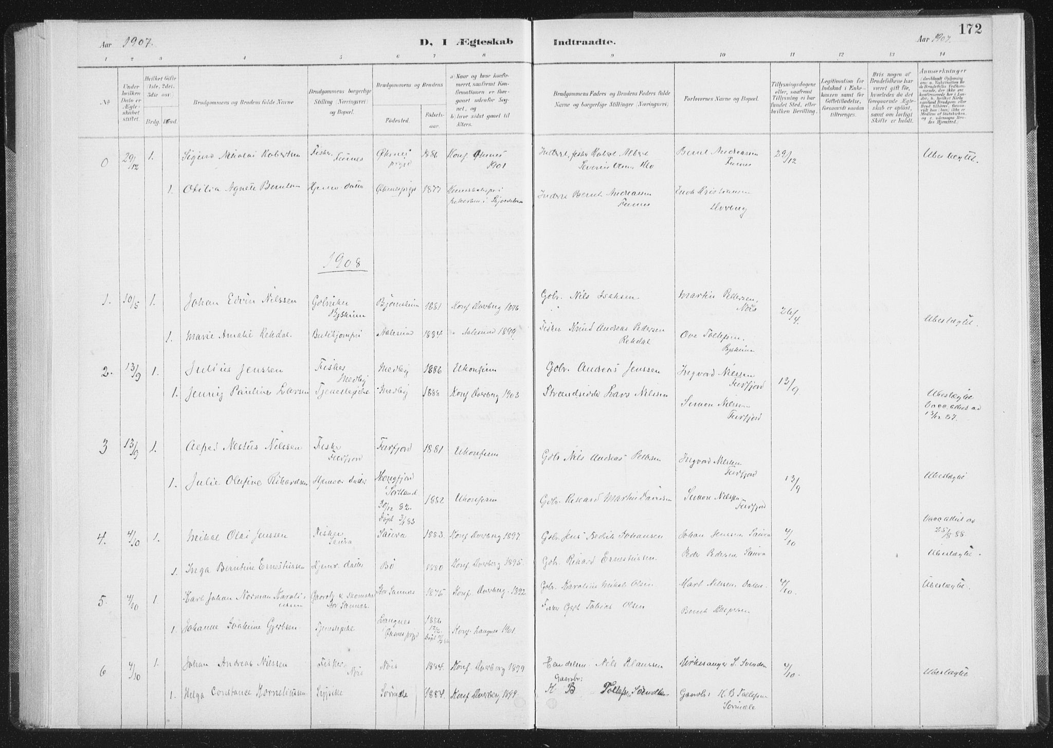 Ministerialprotokoller, klokkerbøker og fødselsregistre - Nordland, SAT/A-1459/898/L1422: Parish register (official) no. 898A02, 1887-1908, p. 172