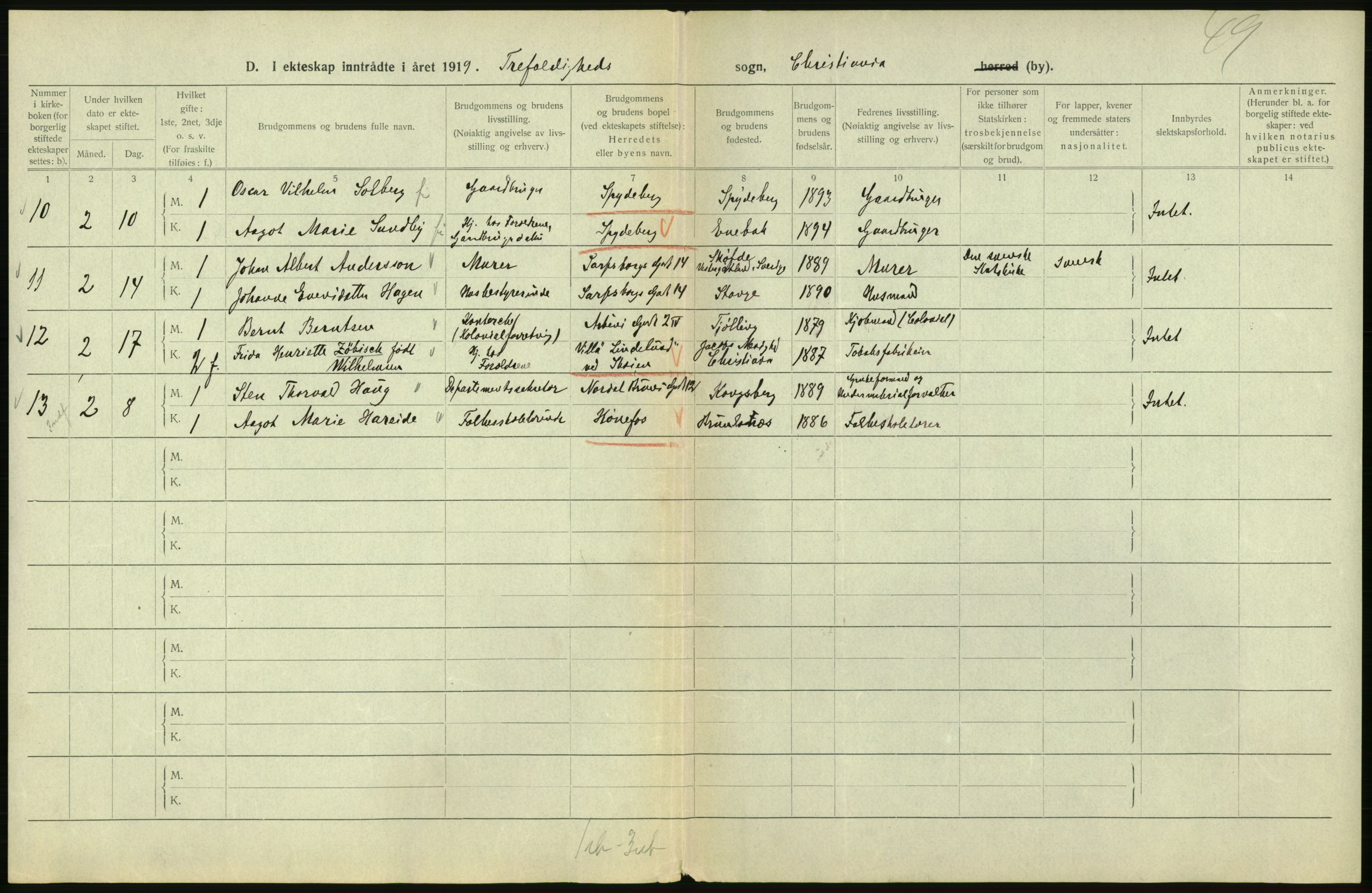 Statistisk sentralbyrå, Sosiodemografiske emner, Befolkning, AV/RA-S-2228/D/Df/Dfb/Dfbi/L0009: Kristiania: Gifte, 1919, p. 64