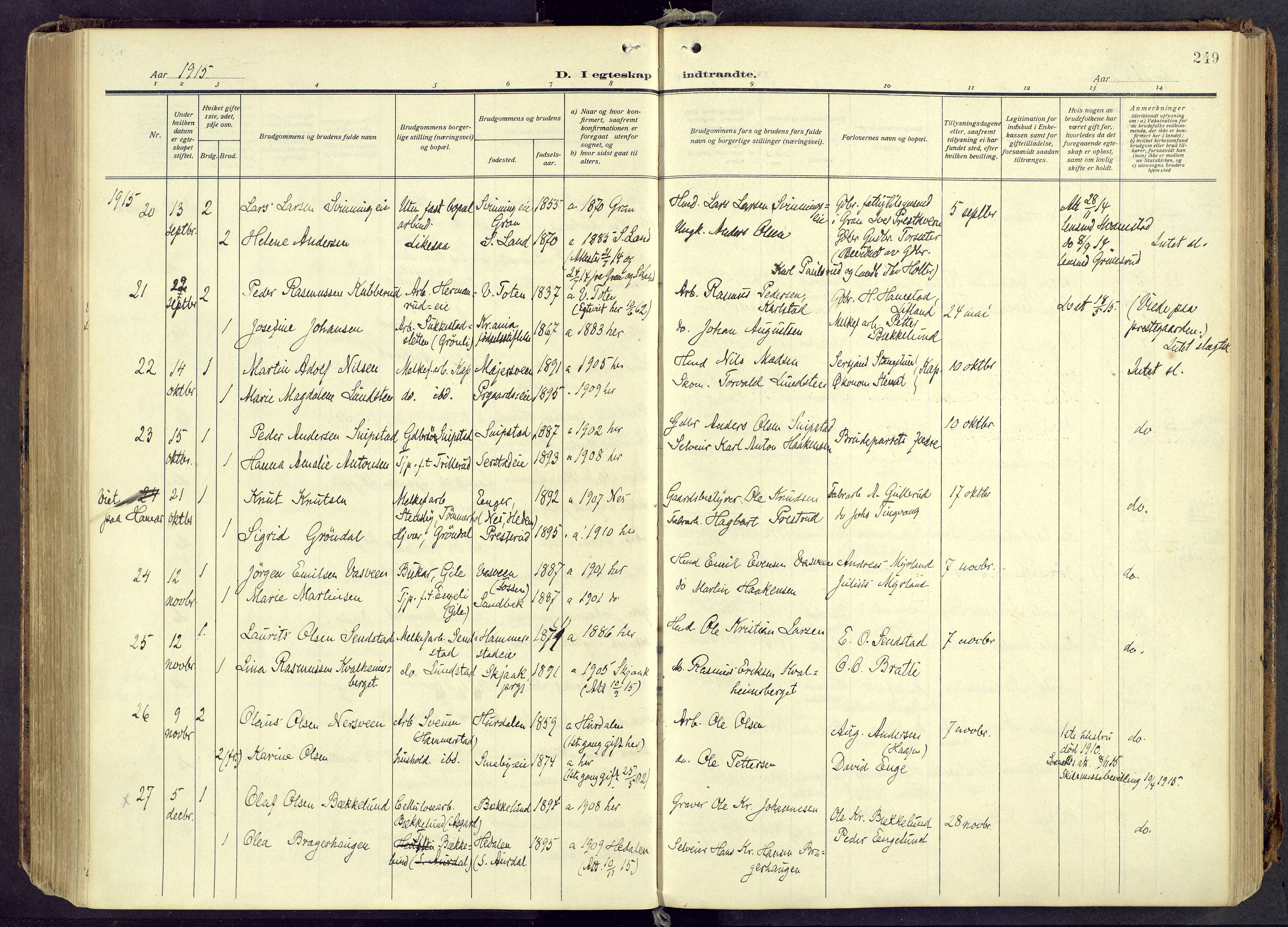 Østre Toten prestekontor, AV/SAH-PREST-104/H/Ha/Haa/L0010: Parish register (official) no. 10, 1910-1920, p. 249