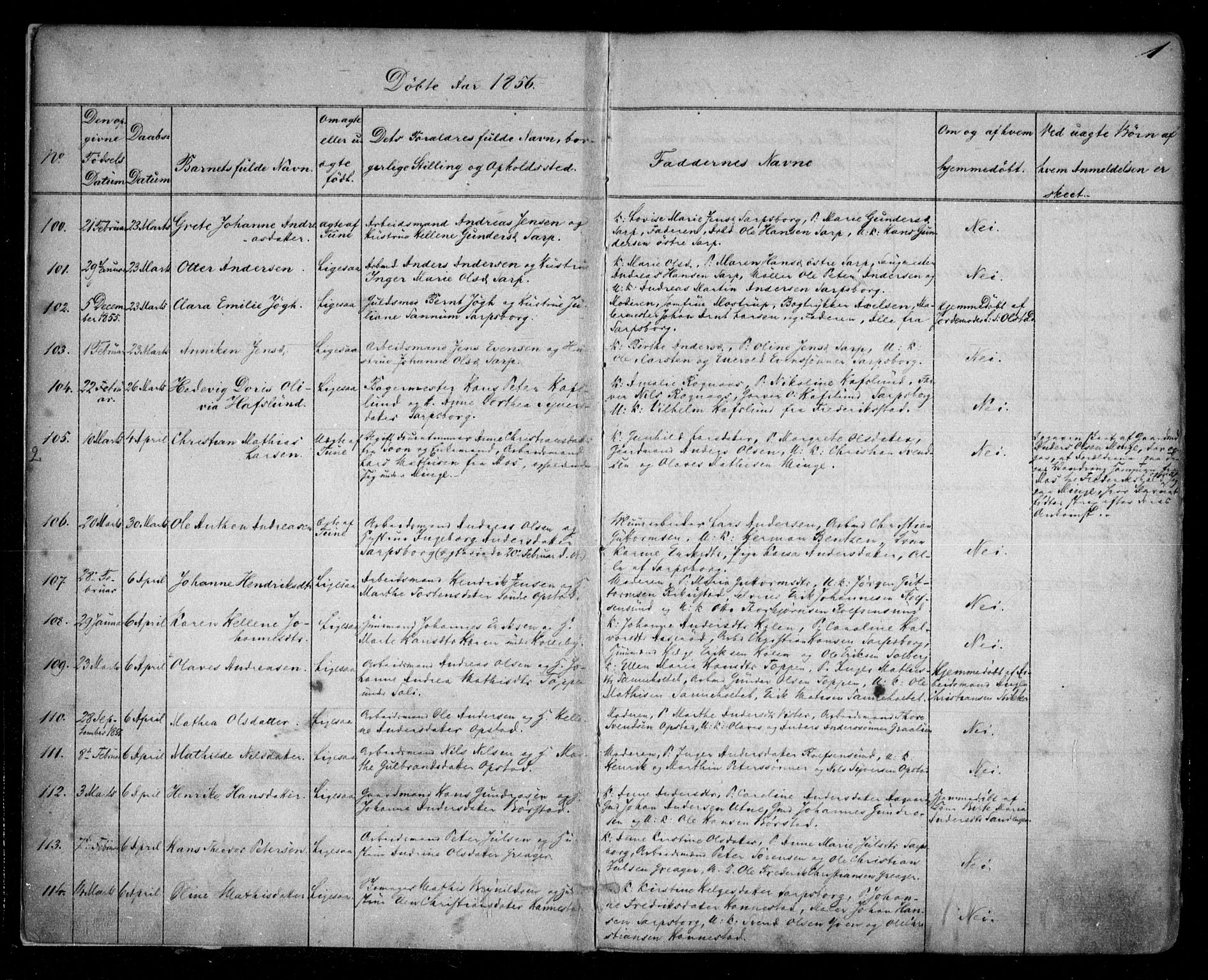 Tune prestekontor Kirkebøker, SAO/A-2007/F/Fa/L0012: Parish register (official) no. 12, 1856-1859, p. 1