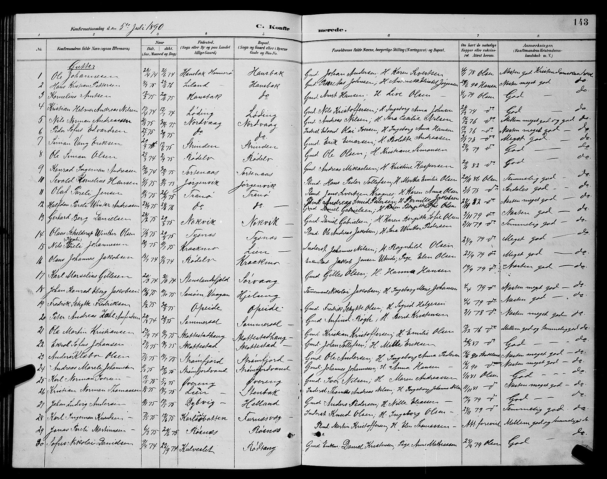 Ministerialprotokoller, klokkerbøker og fødselsregistre - Nordland, SAT/A-1459/859/L0859: Parish register (copy) no. 859C05, 1887-1898, p. 143