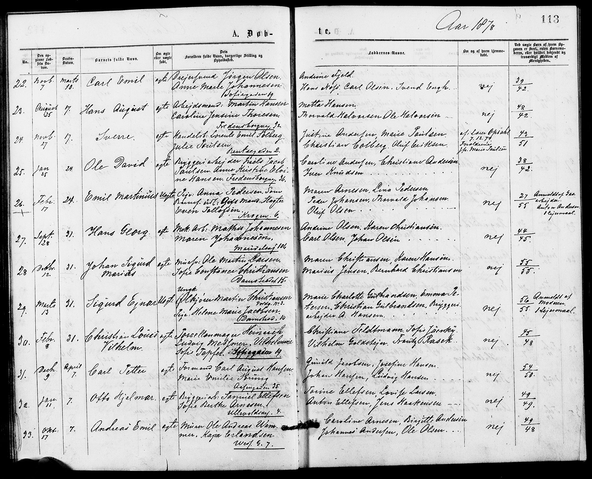 Gamle Aker prestekontor Kirkebøker, SAO/A-10617a/G/L0004: Parish register (copy) no. 4, 1875-1879, p. 113