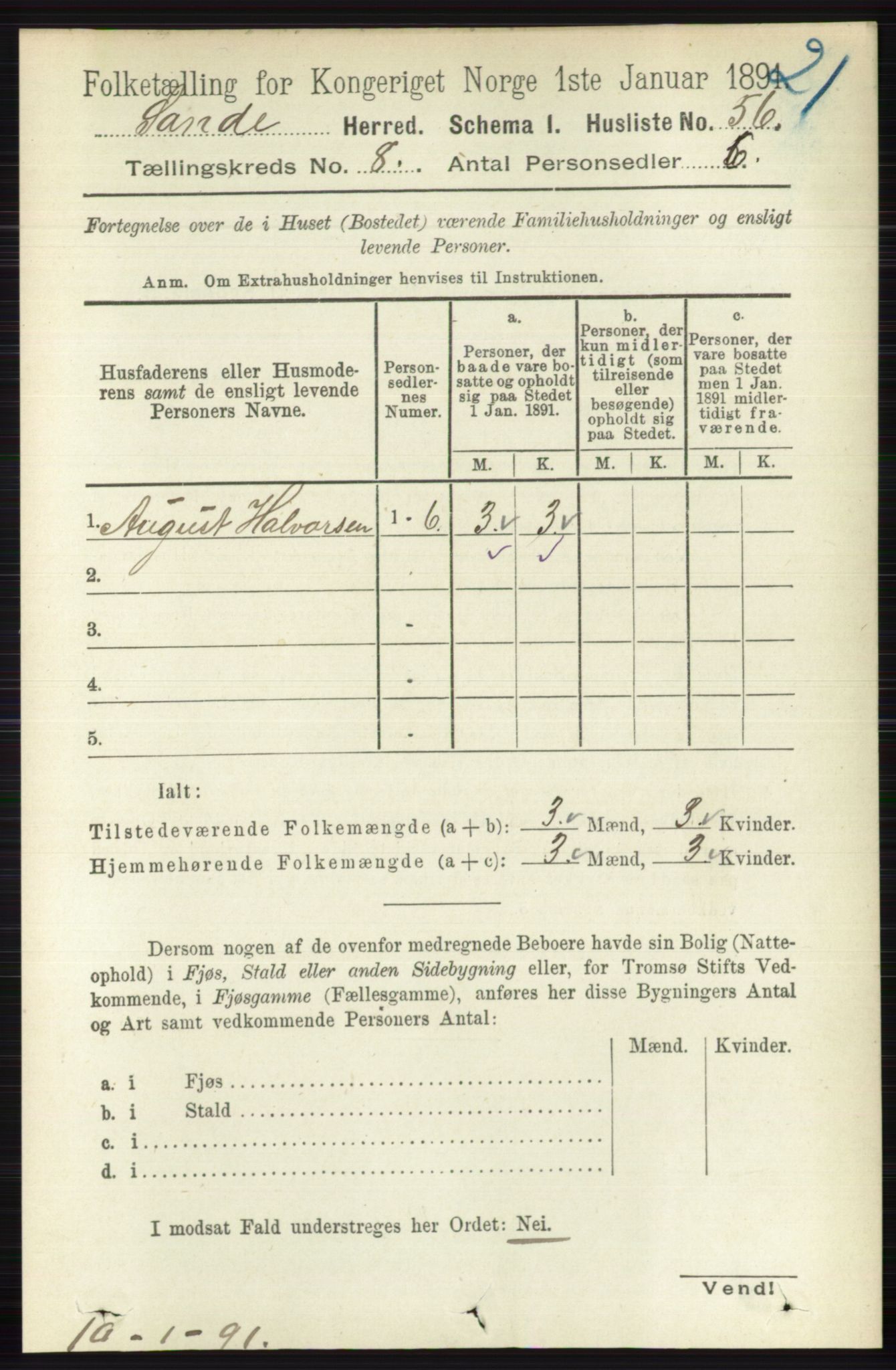 RA, 1891 census for 0713 Sande, 1891, p. 3521