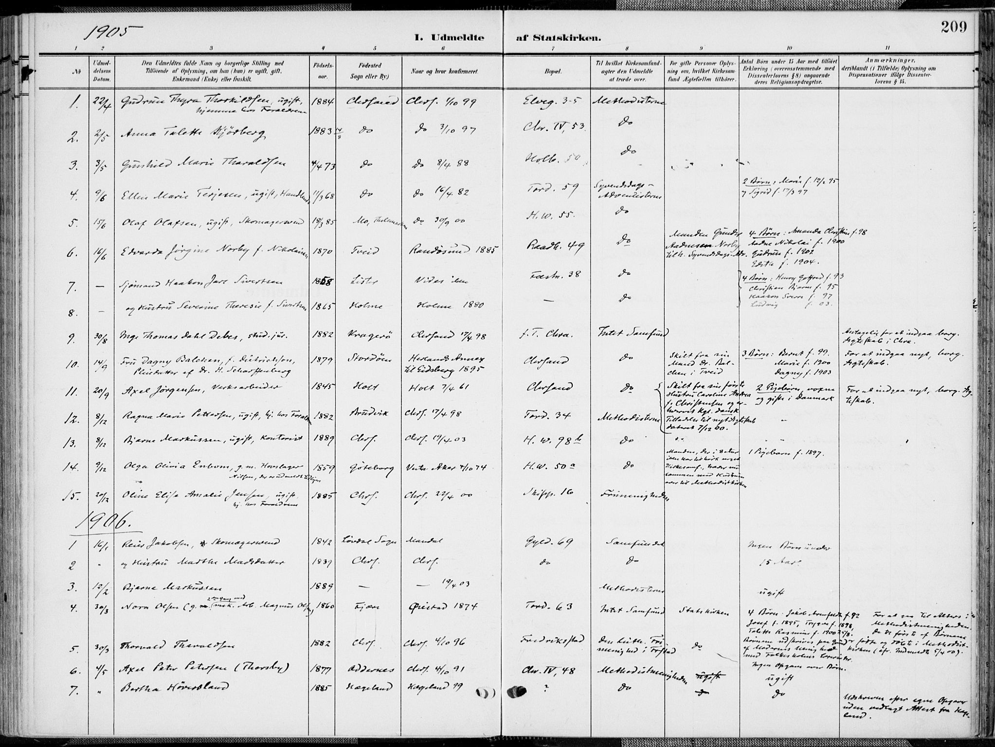 Kristiansand domprosti, SAK/1112-0006/F/Fa/L0022: Parish register (official) no. A 21, 1905-1916, p. 209