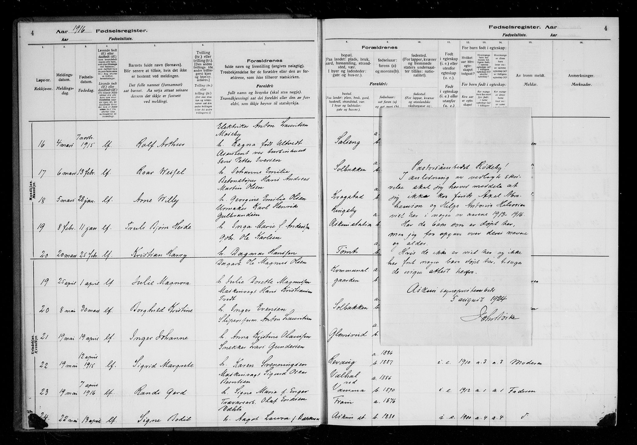 Askim prestekontor Kirkebøker, AV/SAO-A-10900/J/Ja/L0001: Birth register no. 1, 1916-1929, p. 4