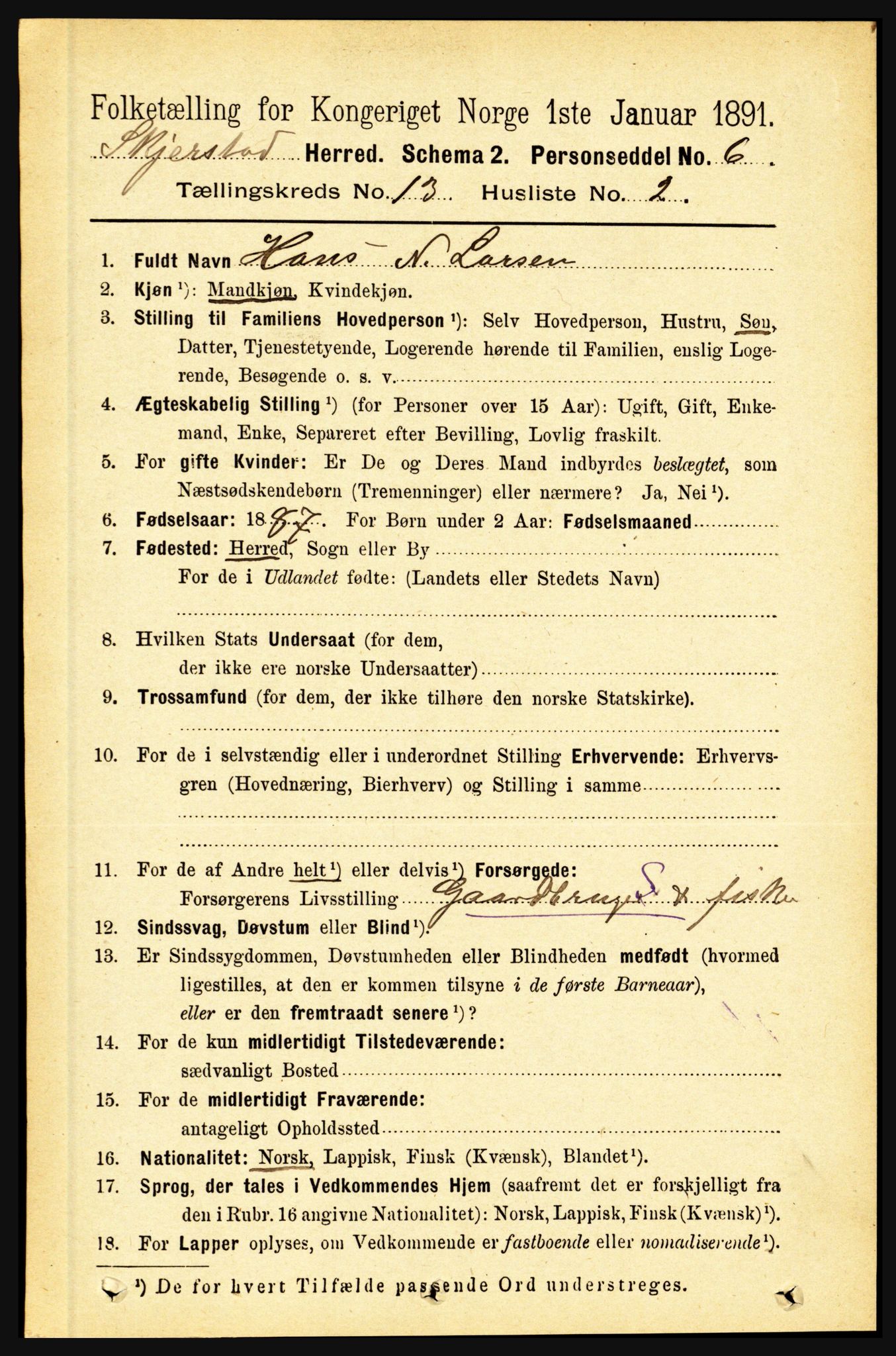 RA, 1891 census for 1842 Skjerstad, 1891, p. 4413