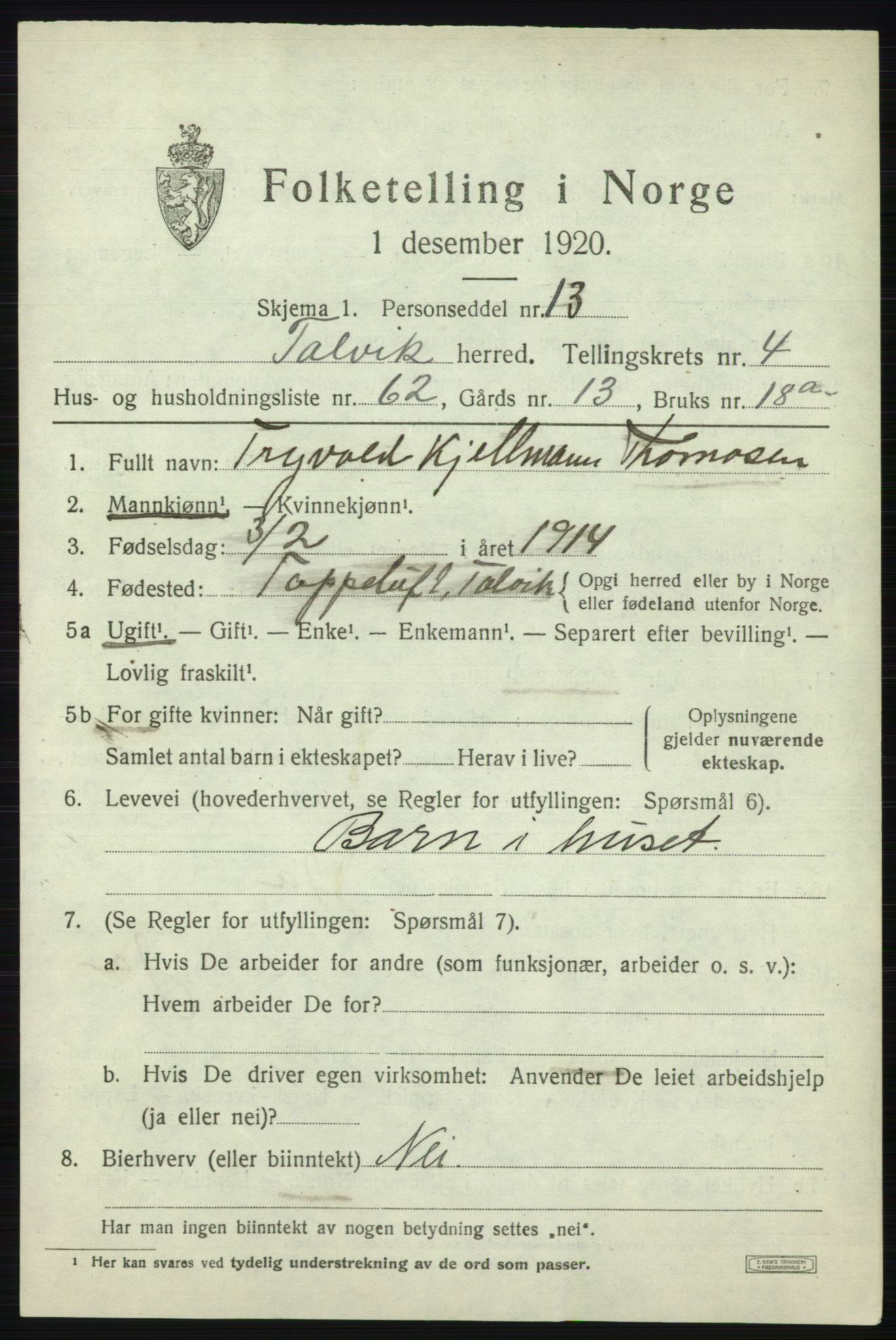 SATØ, 1920 census for Talvik, 1920, p. 3312